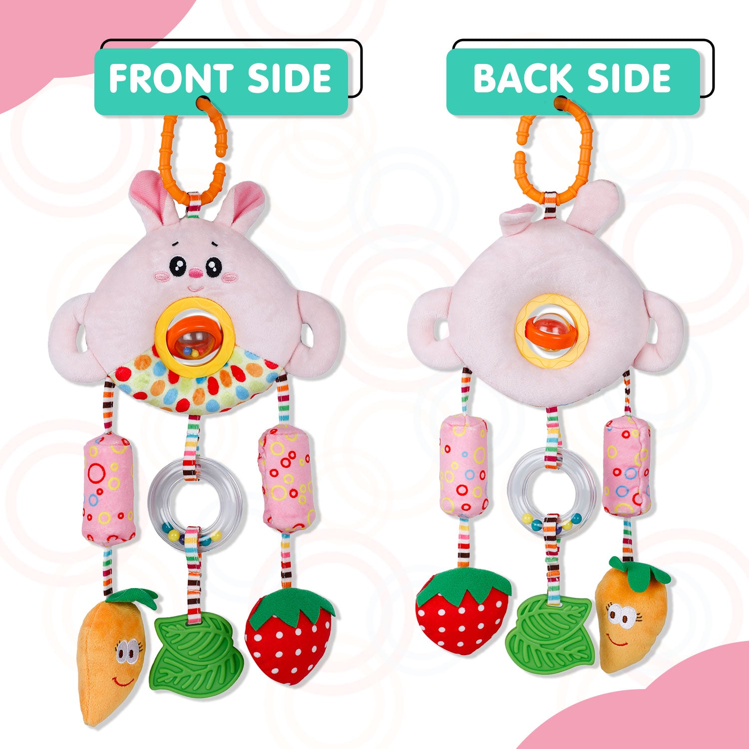 Baby Moo Berry And Carrot Wind Chime With Squeaker Hanging Toy With Teether - Pink