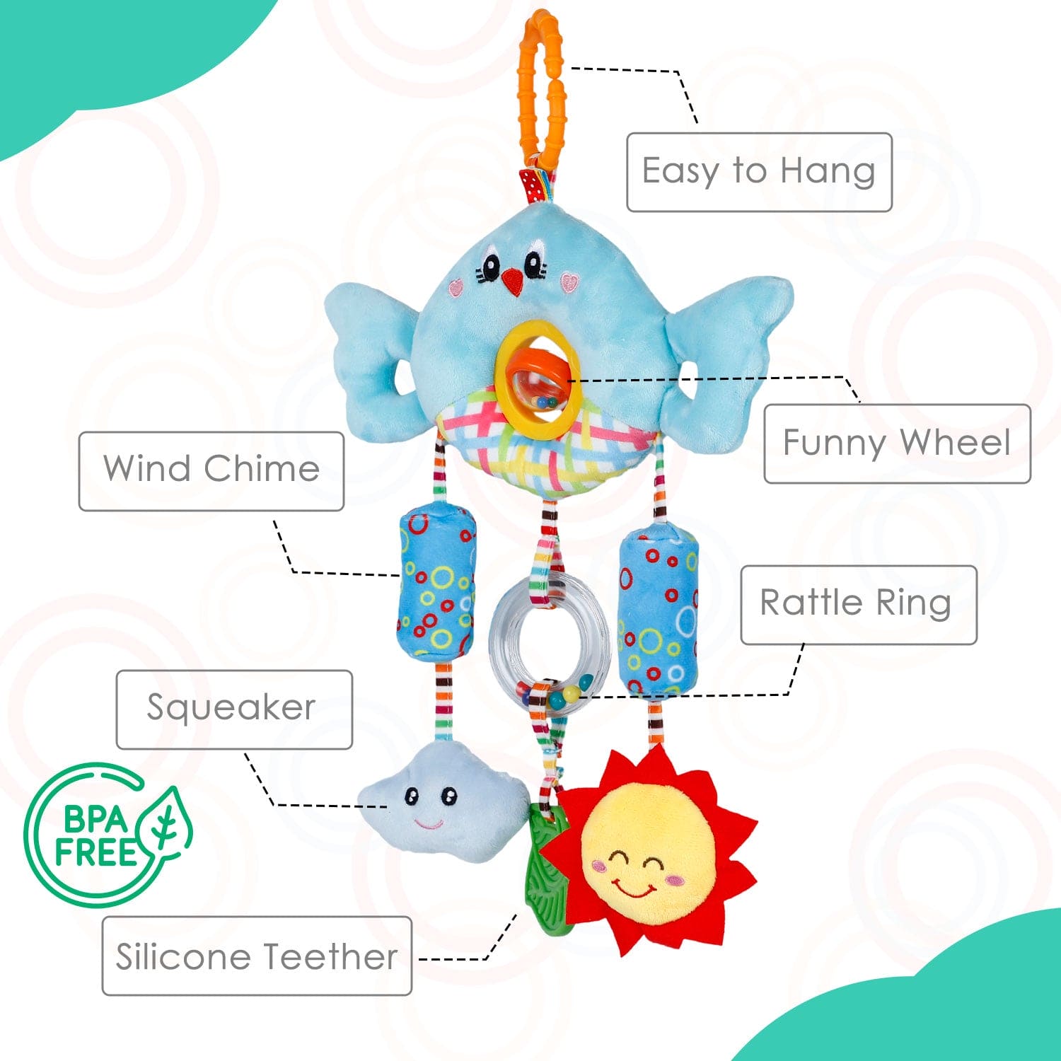 Baby Moo Sunny And Cloudy Wind Chime With Squeaker Hanging Toy With Teether - Blue