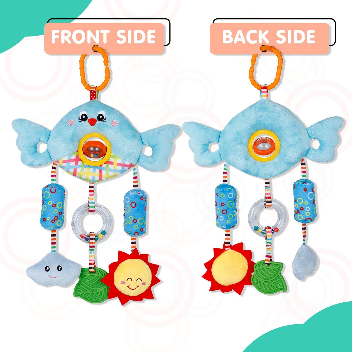 Baby Moo Sunny And Cloudy Wind Chime With Squeaker Hanging Toy With Teether - Blue