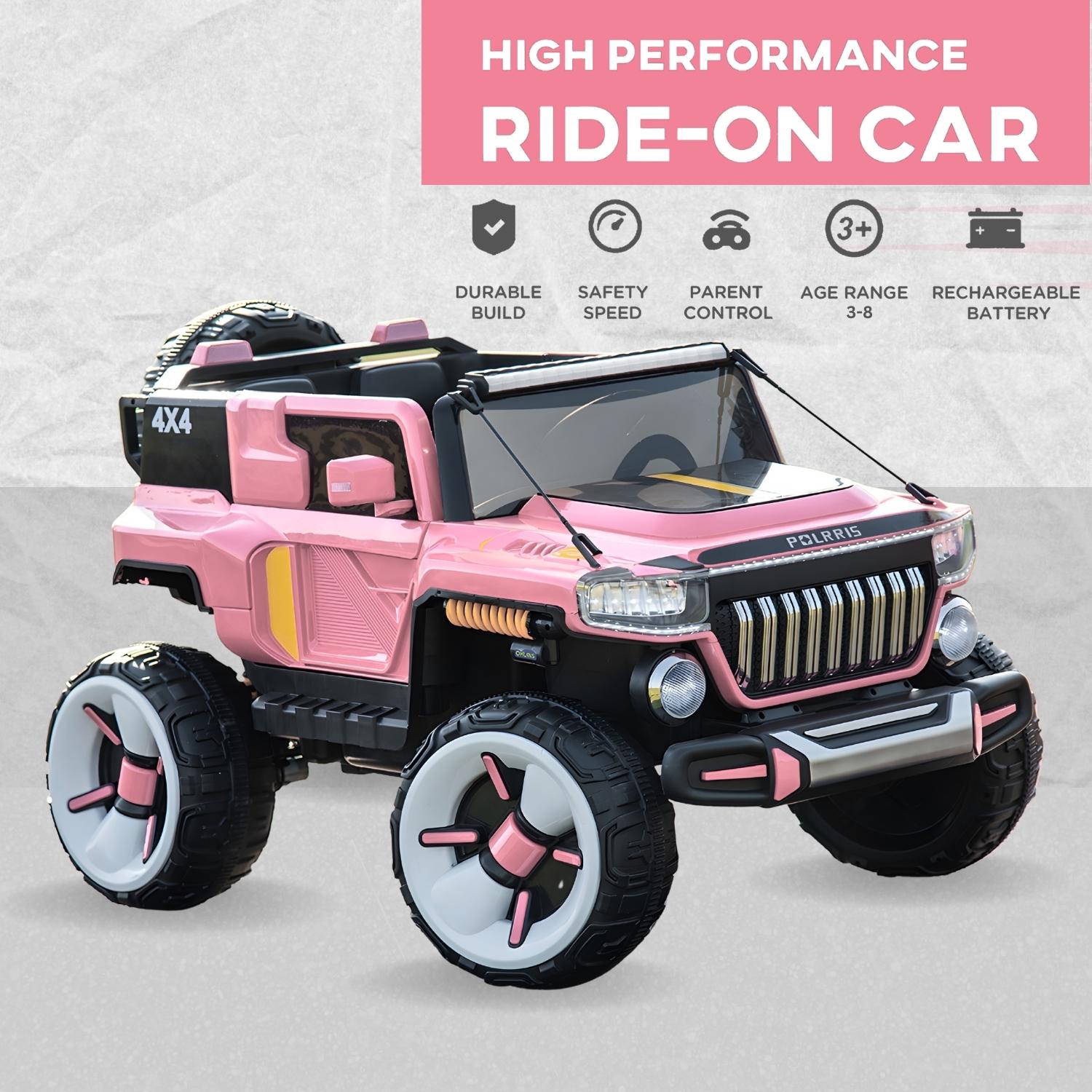 Baby Moo Electric Ride-on Jeep for Kids With Rechargeable 12V Battery, LED Lights, Music and USB Port Remote Control Double Seat - Pink
