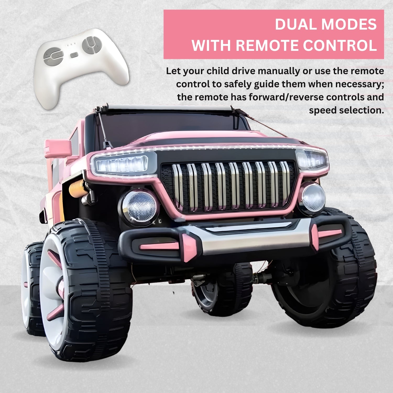 Baby Moo Electric Ride-on Jeep for Kids With Rechargeable 12V Battery, LED Lights, Music and USB Port Remote Control Double Seat - Pink
