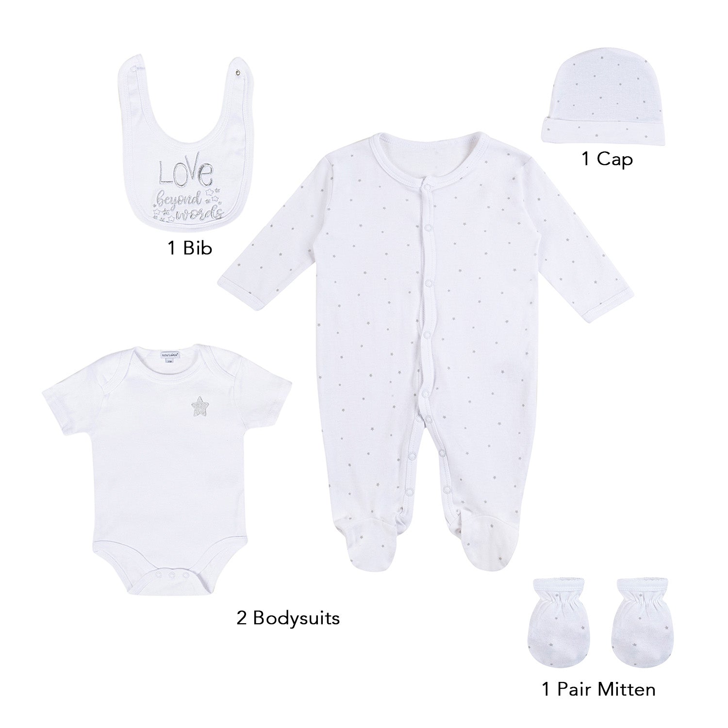 Baby Moo Star Love Gift Set 5 Piece With Bodysuits, Bib, Cap, Mittiens - White