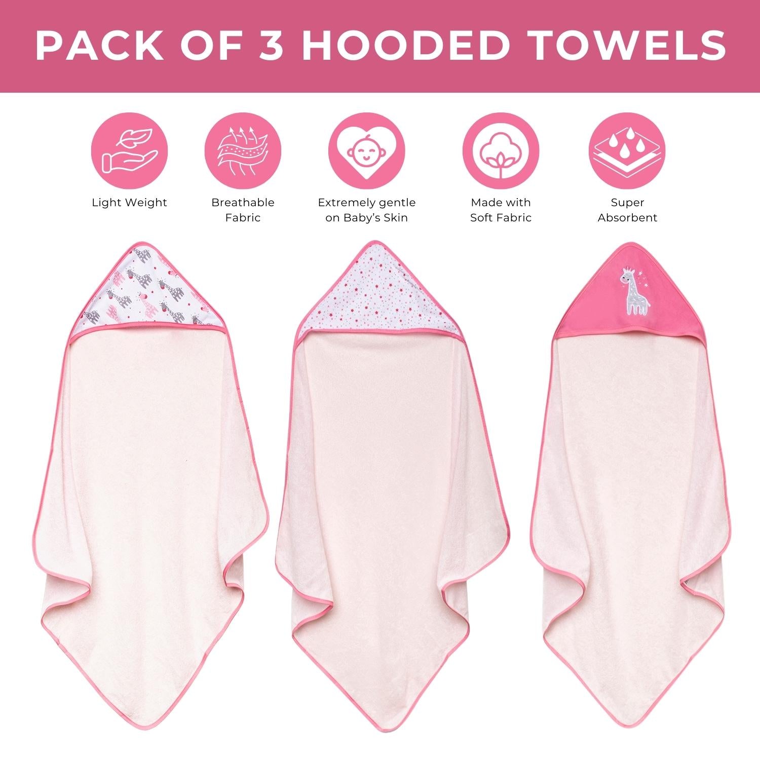 Baby Moo Giraffe And Tiny Dots Supersoft Highly Absorbent Durable Hooded Towel Set - Pink
