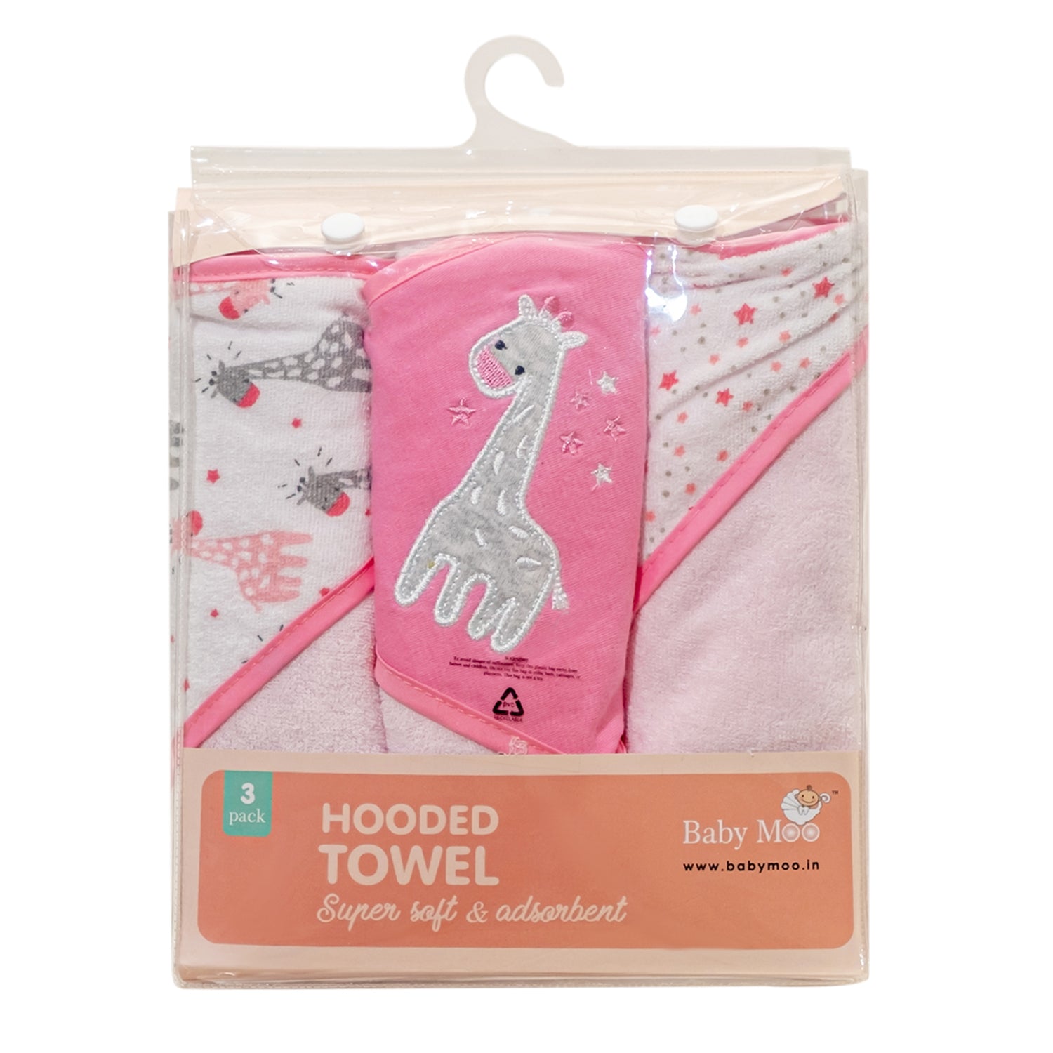 Baby Moo Giraffe And Tiny Dots Supersoft Highly Absorbent Durable Hooded Towel Set - Pink