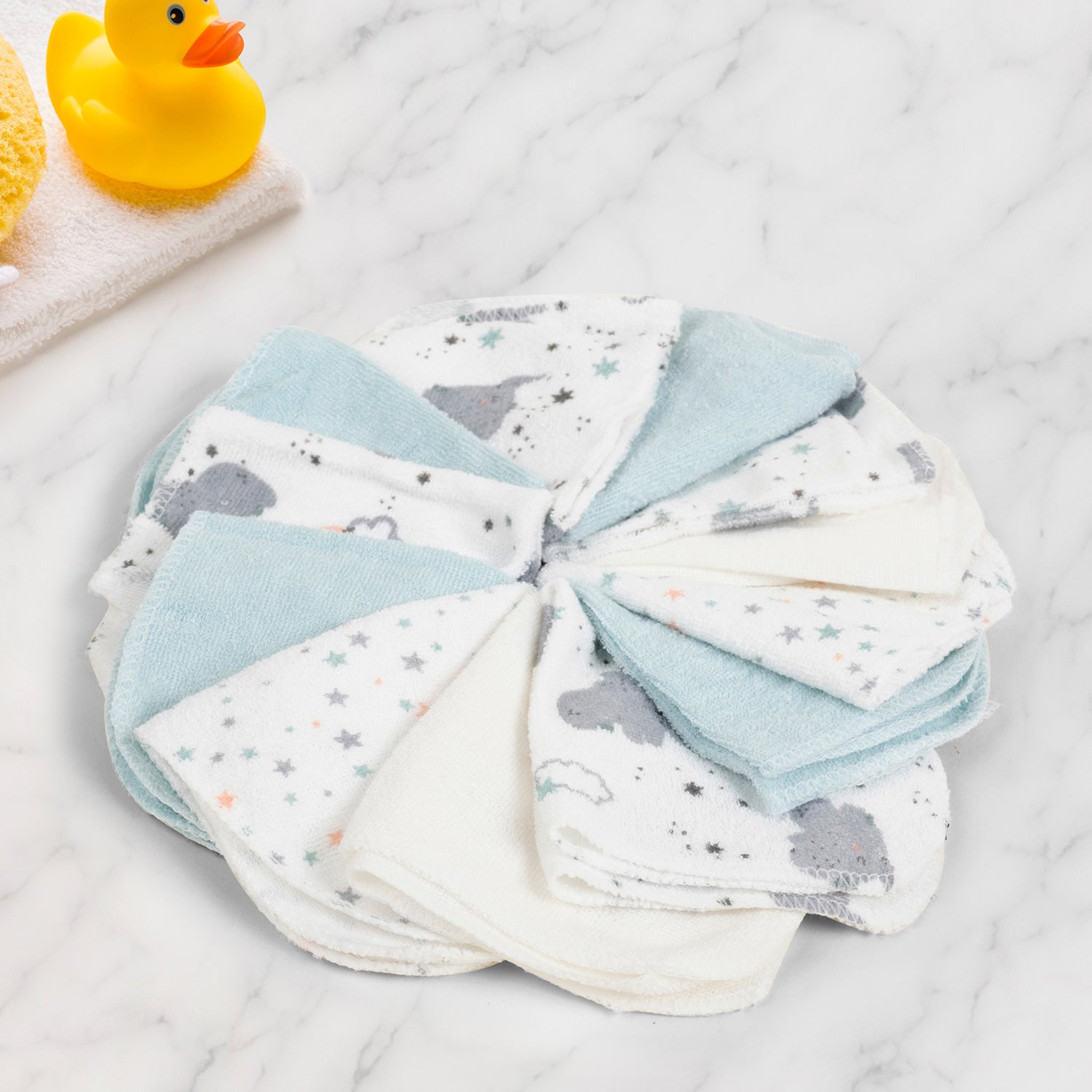 Baby Moo Elephant And Star Soft And Absorbent Handkerchief Napkins For Infant Face And Body Pack Of 12 Wash Cloth - Blue