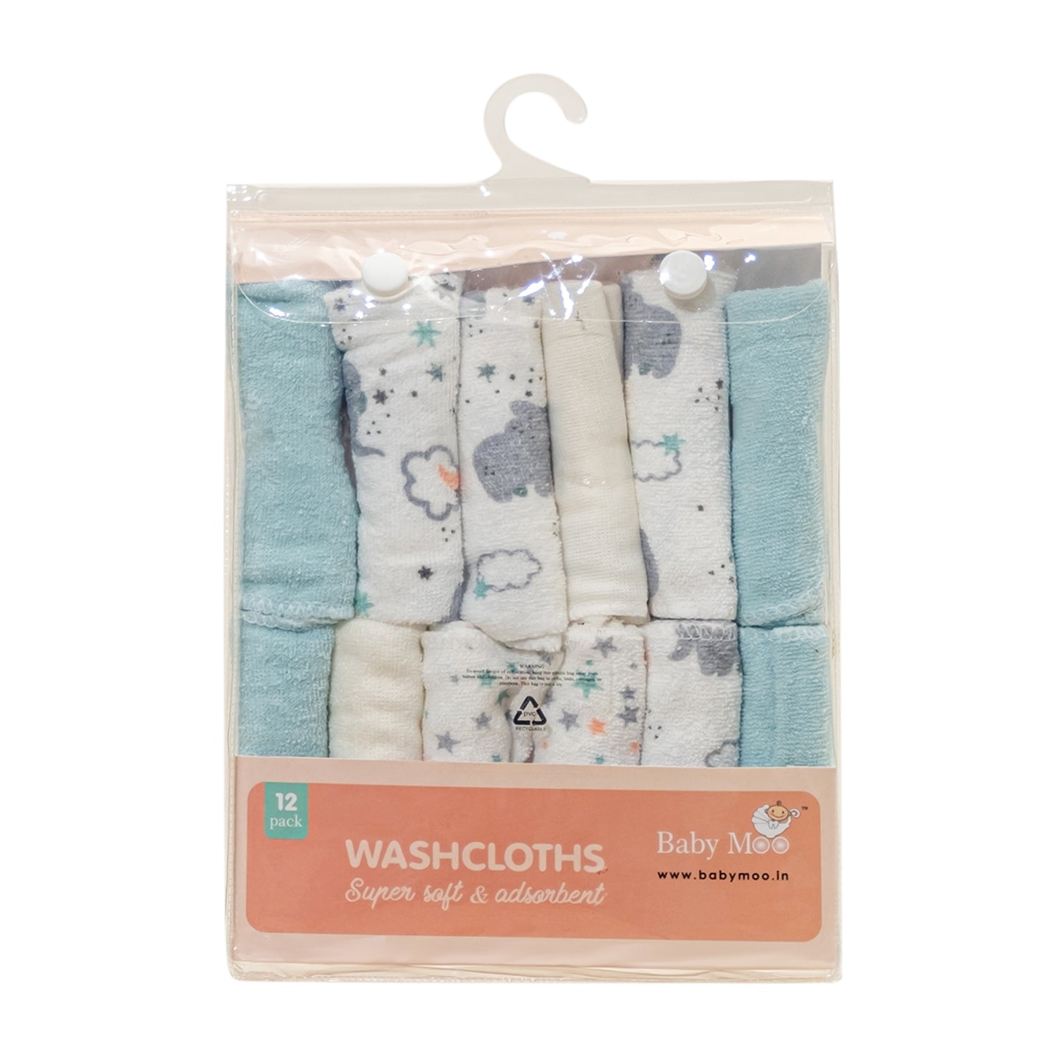 Baby Moo Elephant And Star Soft And Absorbent Handkerchief Napkins For Infant Face And Body Pack Of 12 Wash Cloth - Blue