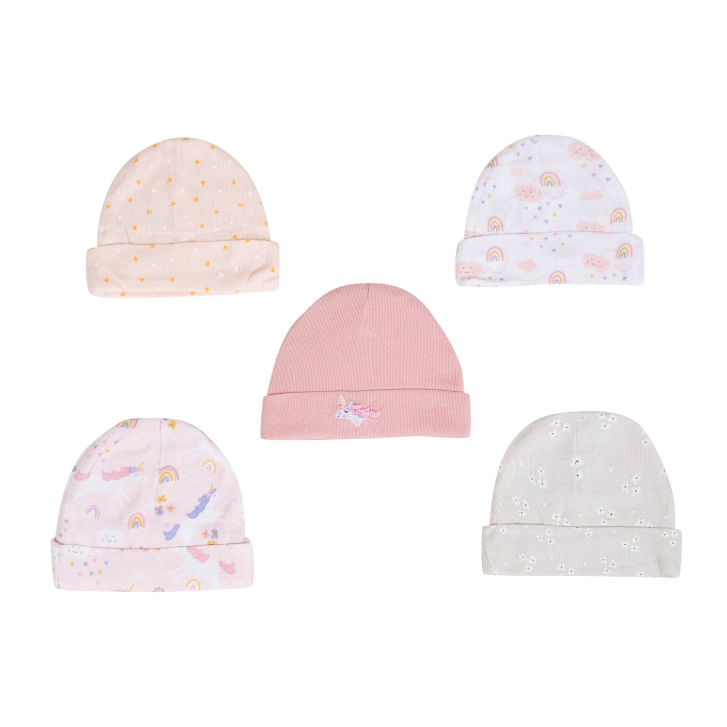 Baby Moo Rainbow Unicorn Infants Ultra Soft 100% Cotton All Season Pack of 5 Caps - Pink