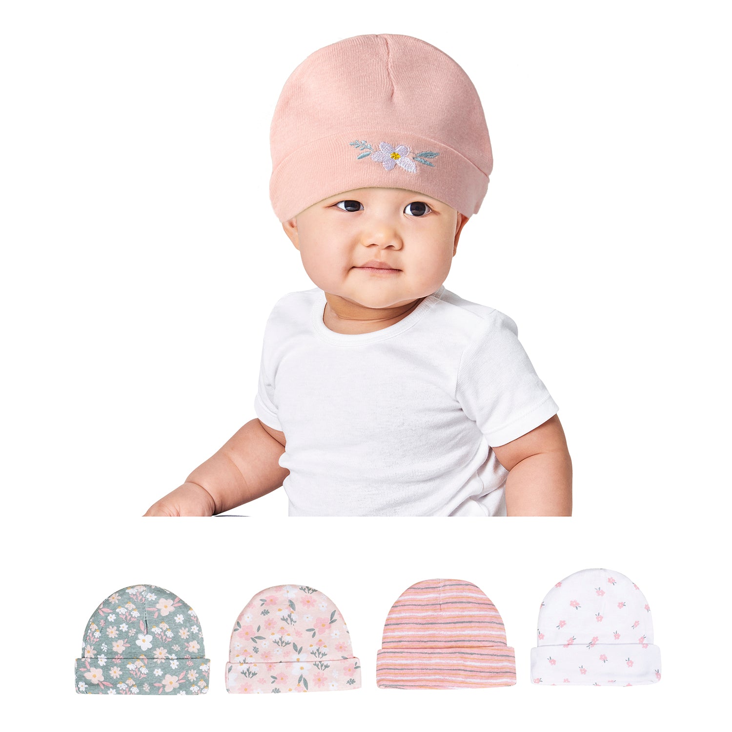 Baby Moo Floral Print Infants Ultra Soft 100% Cotton All Season Pack of 5 Caps - Pink