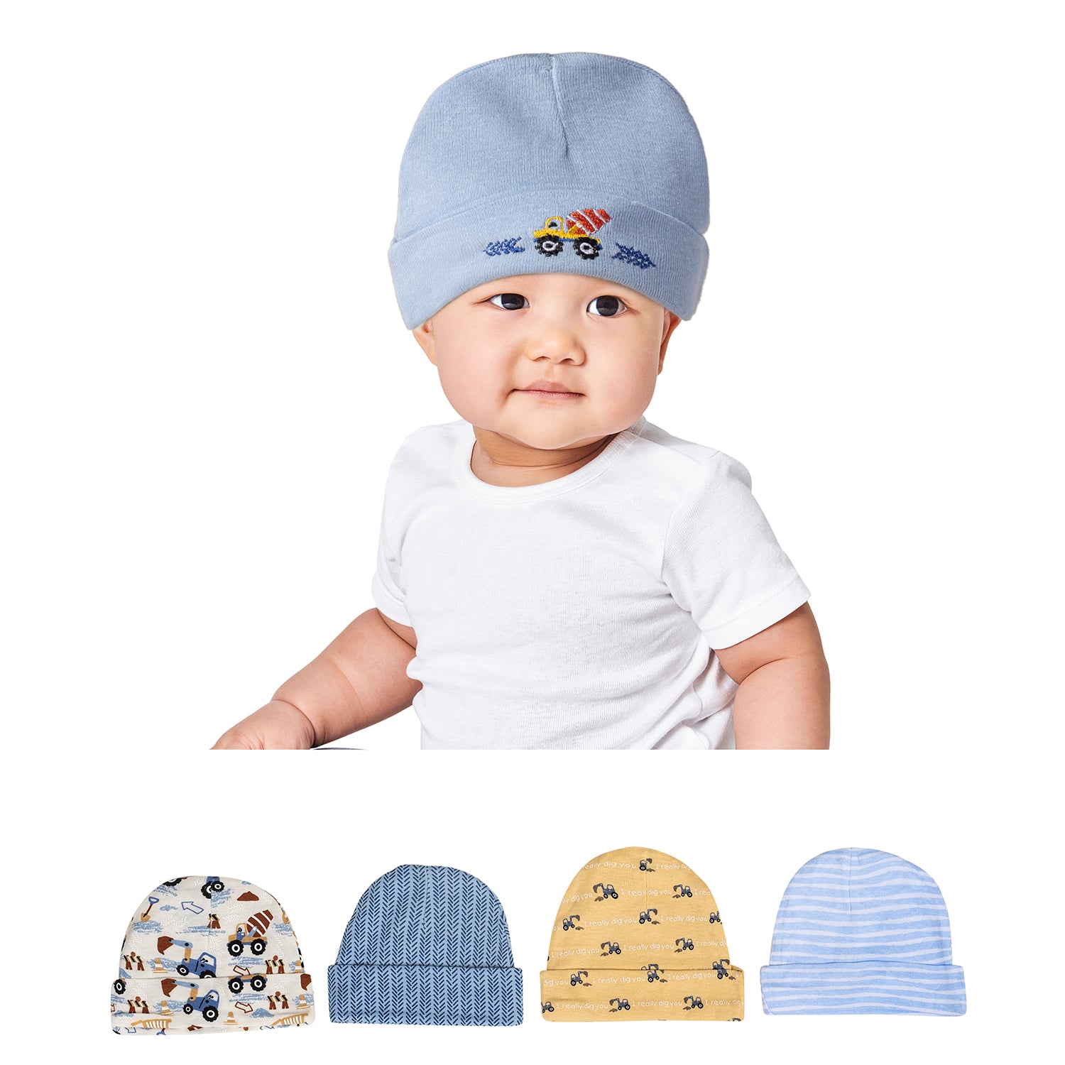 Baby Moo Construction Truck Infants Ultra Soft 100% Cotton All Season Pack of 5 Caps - Blue