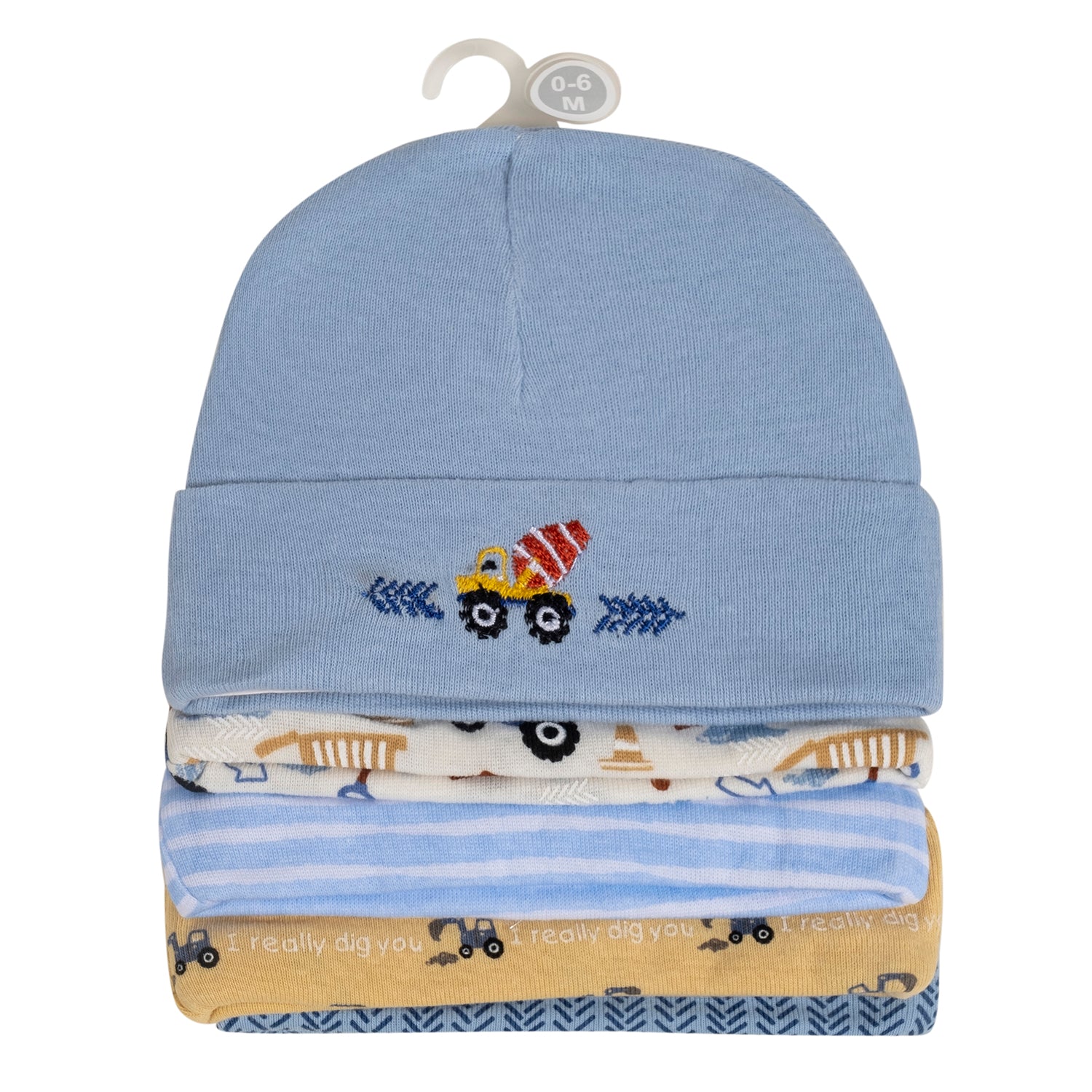 Baby Moo Construction Truck Infants Ultra Soft 100% Cotton All Season Pack of 5 Caps - Blue