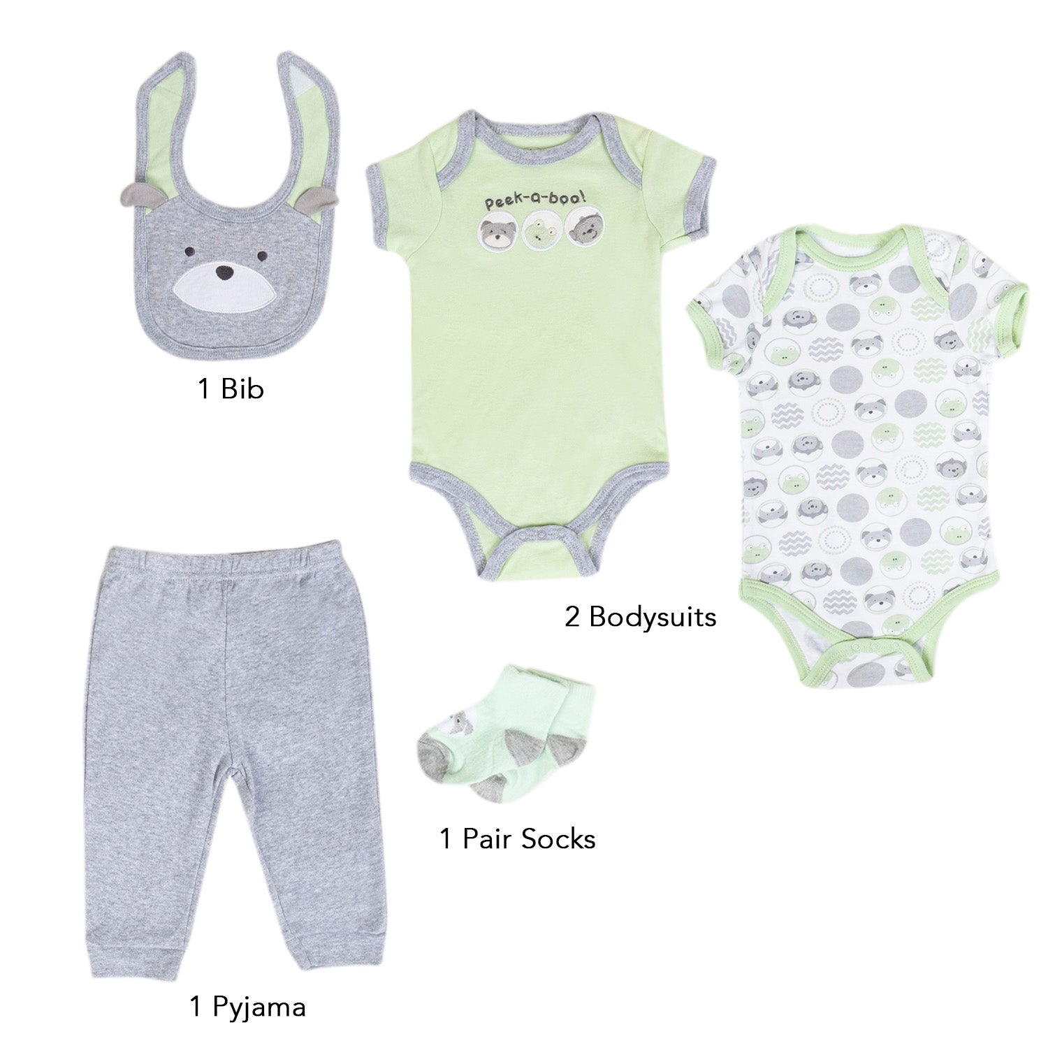 Baby Moo Peek A Boo Gift Set 5 Piece With Bodysuits, Pyjama, Bib And Socks - Green, Grey
