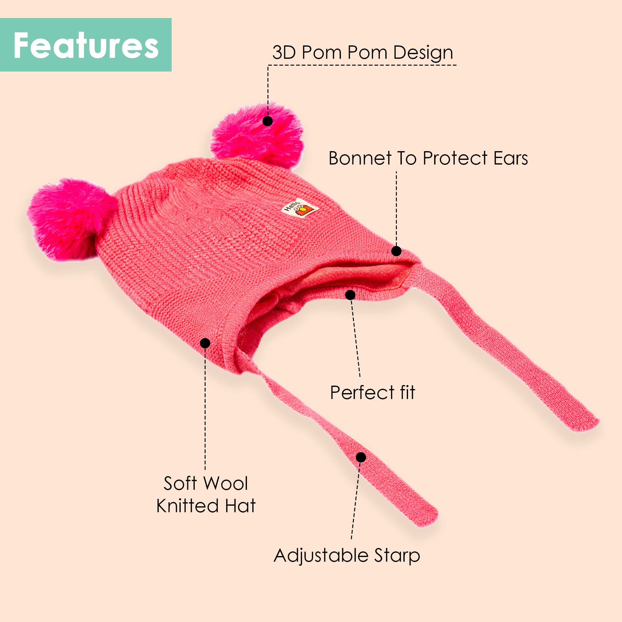 Knit Woollen Cap With Tie Knot For Ear Protection Solid Pink