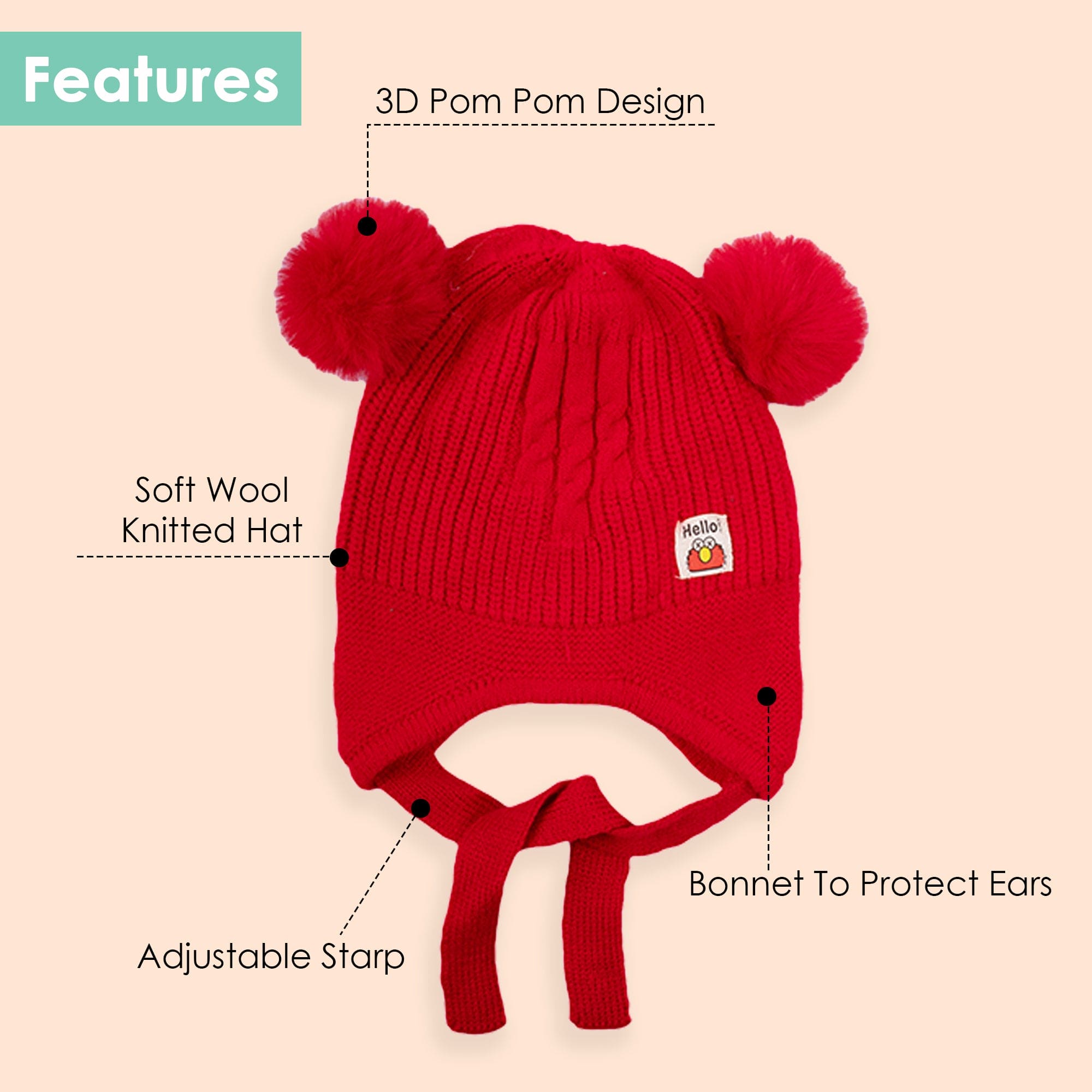 Baby Moo Solid Infant To Toddler Winter Beanie Woollen Cap - Red