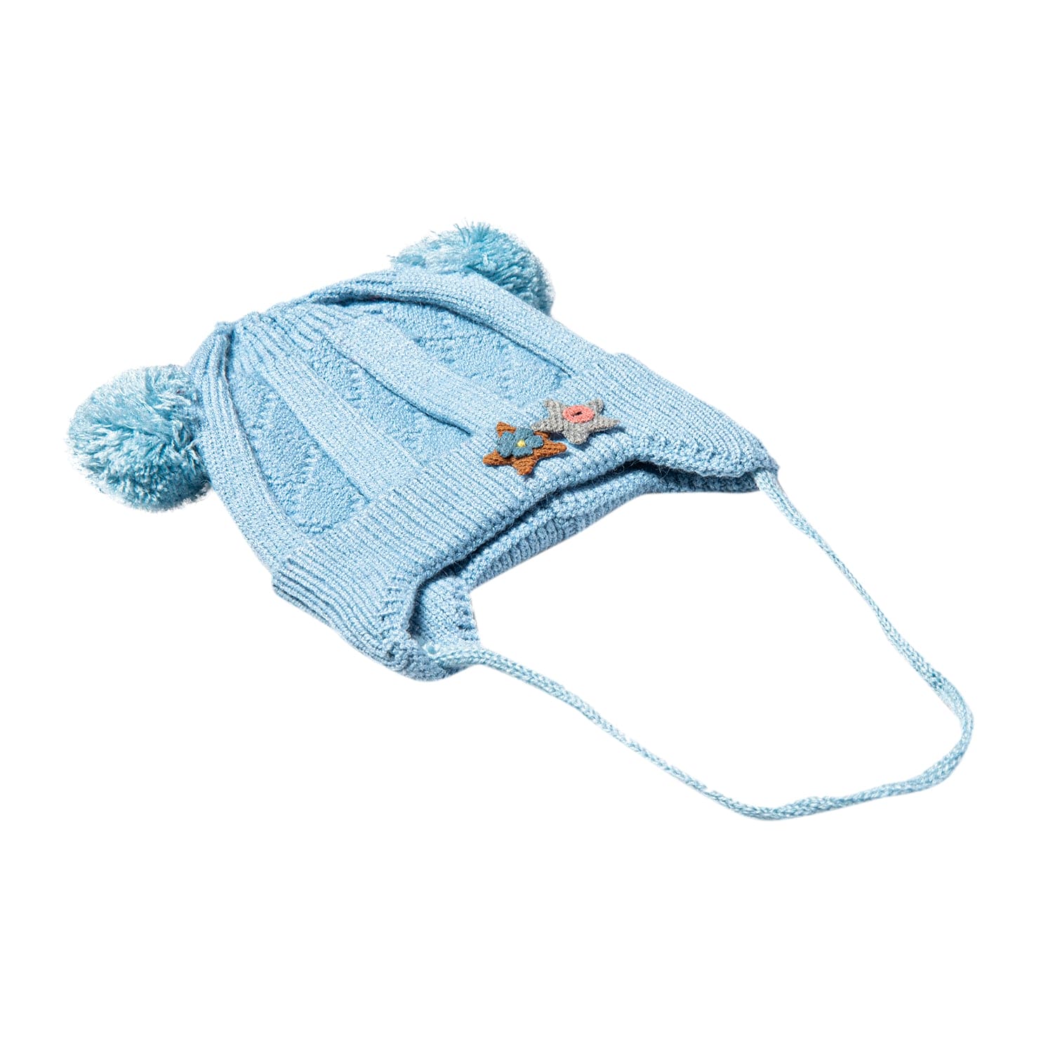 Knit Woollen Cap With Tie For Ear Cover Starry Pom Pom Blue