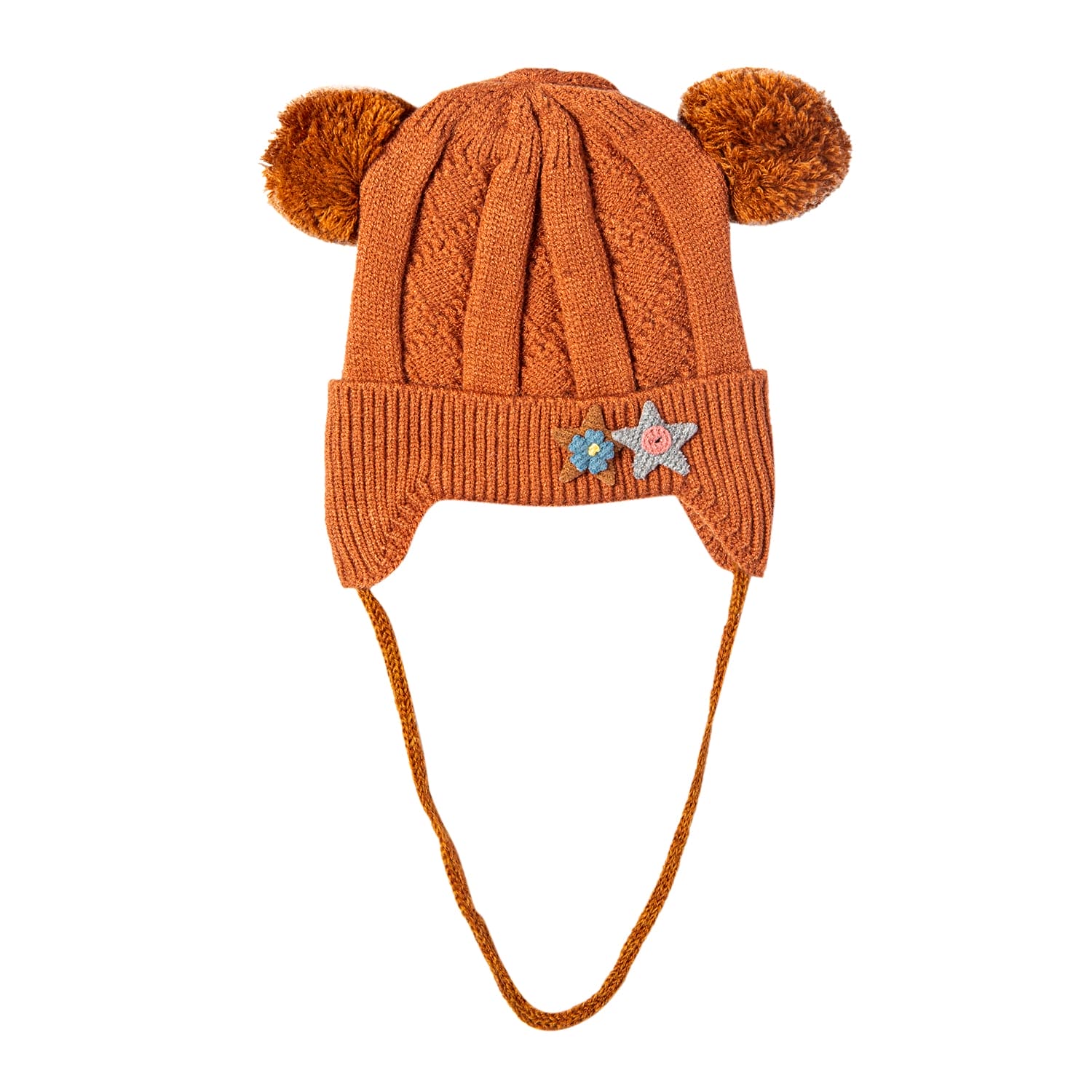 Knit Woollen Cap With Tie For Ear Cover Starry Pom Pom Brown