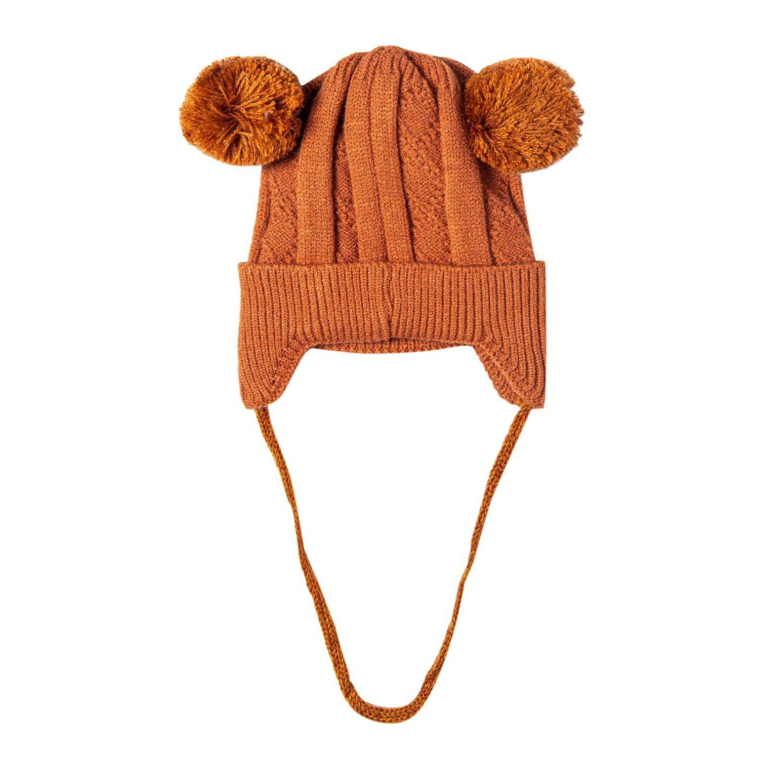 Knit Woollen Cap With Tie For Ear Cover Starry Pom Pom Brown