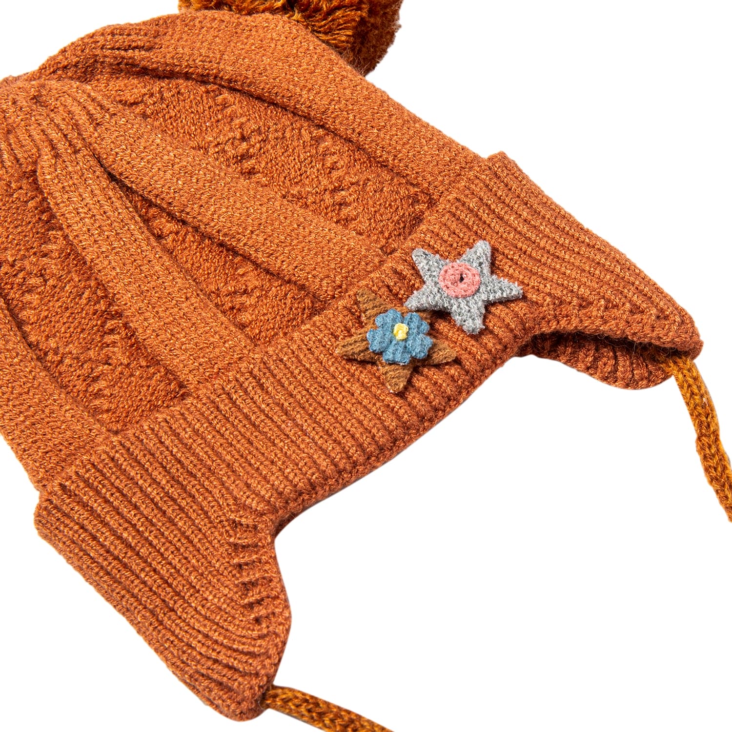 Knit Woollen Cap With Tie For Ear Cover Starry Pom Pom Brown