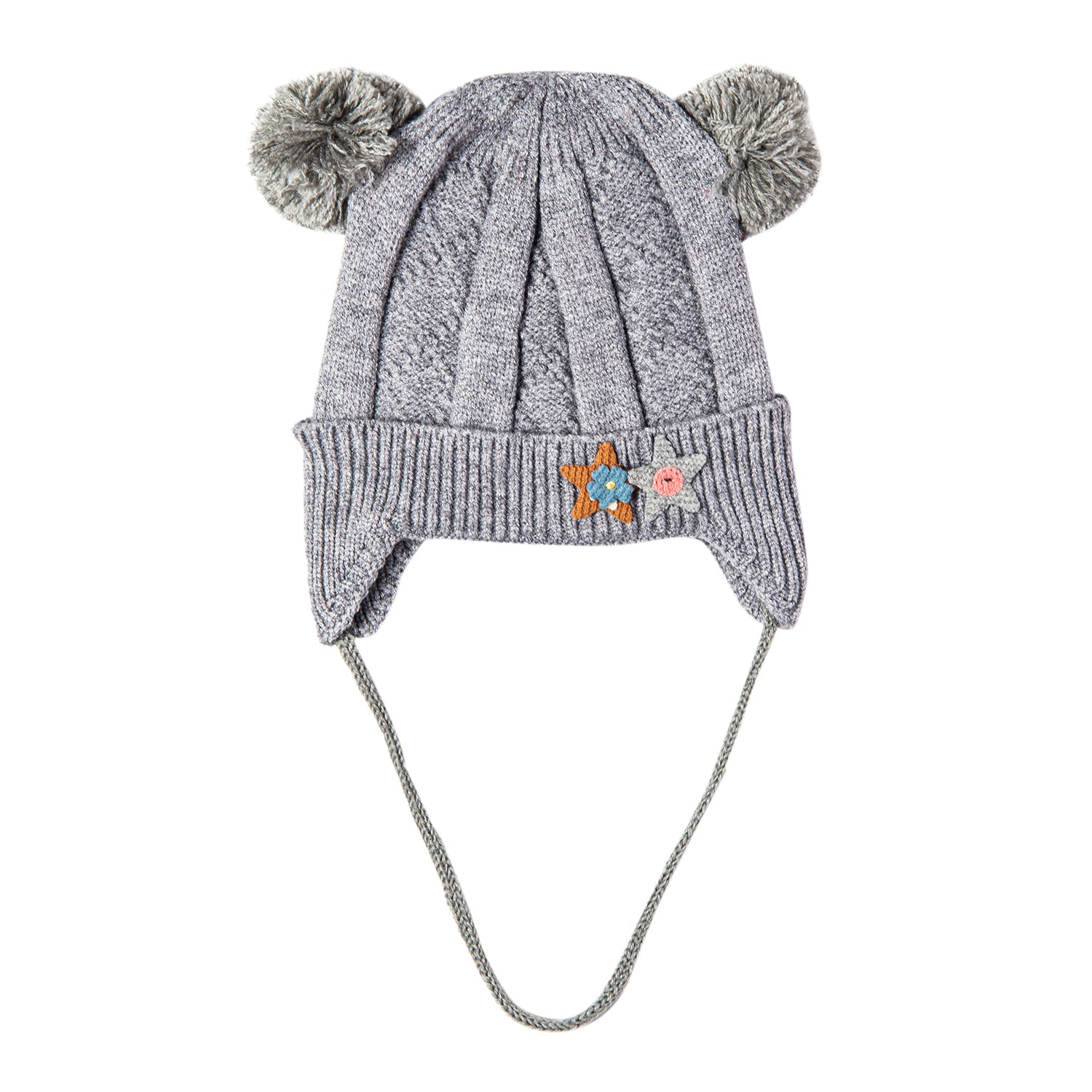 Knit Woollen Cap With Tie For Ear Cover Starry Pom Pom Grey