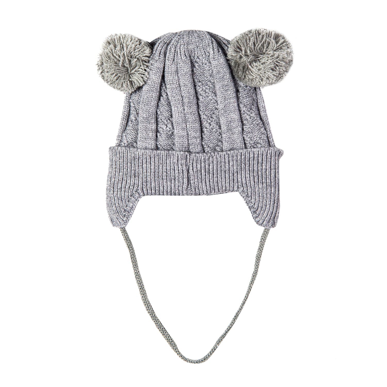 Knit Woollen Cap With Tie For Ear Cover Starry Pom Pom Grey