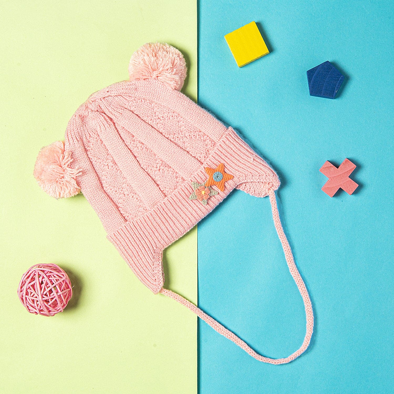 Knit Woollen Cap With Tie For Ear Cover Starry Pom Pom Pink