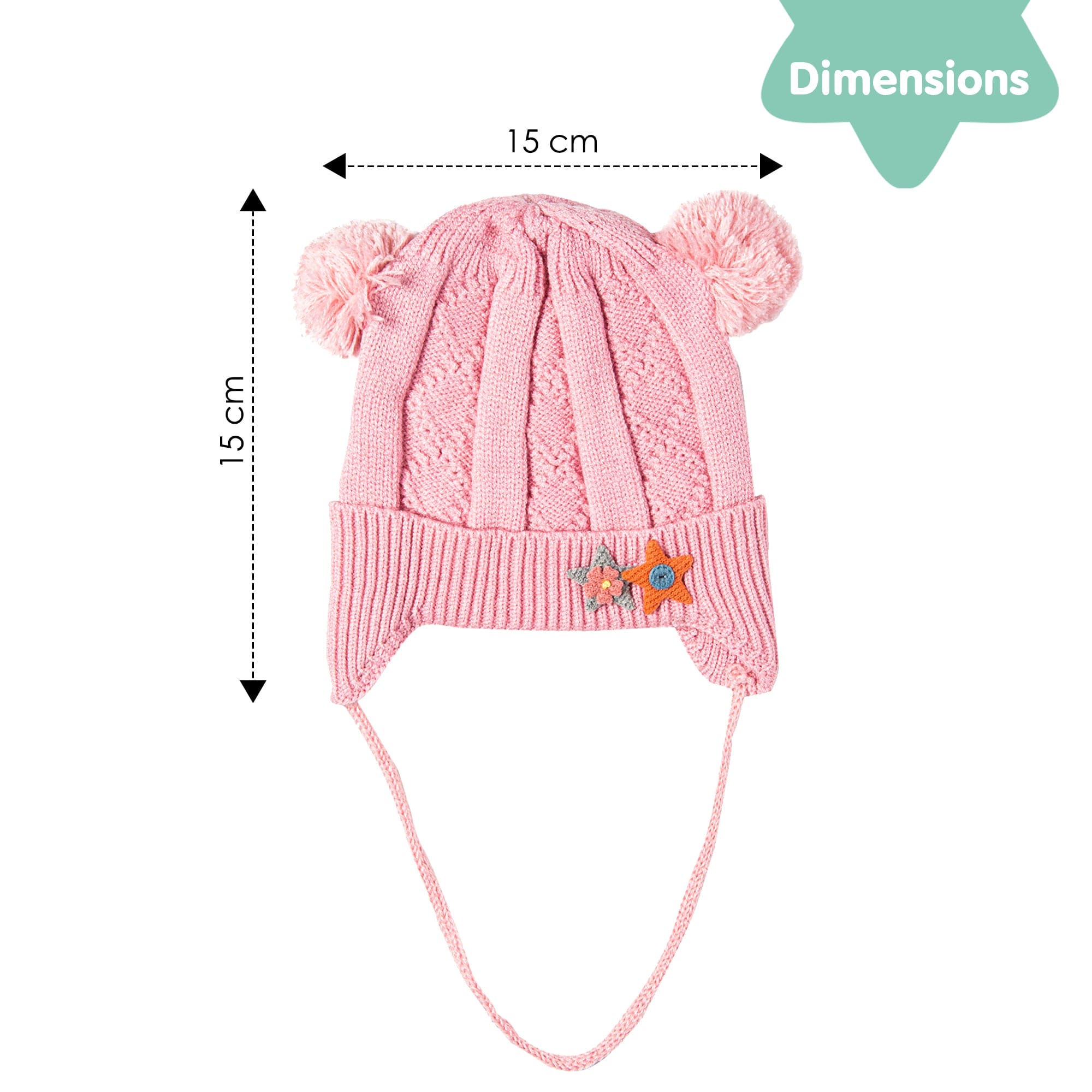 Knit Woollen Cap With Tie For Ear Cover Starry Pom Pom Pink