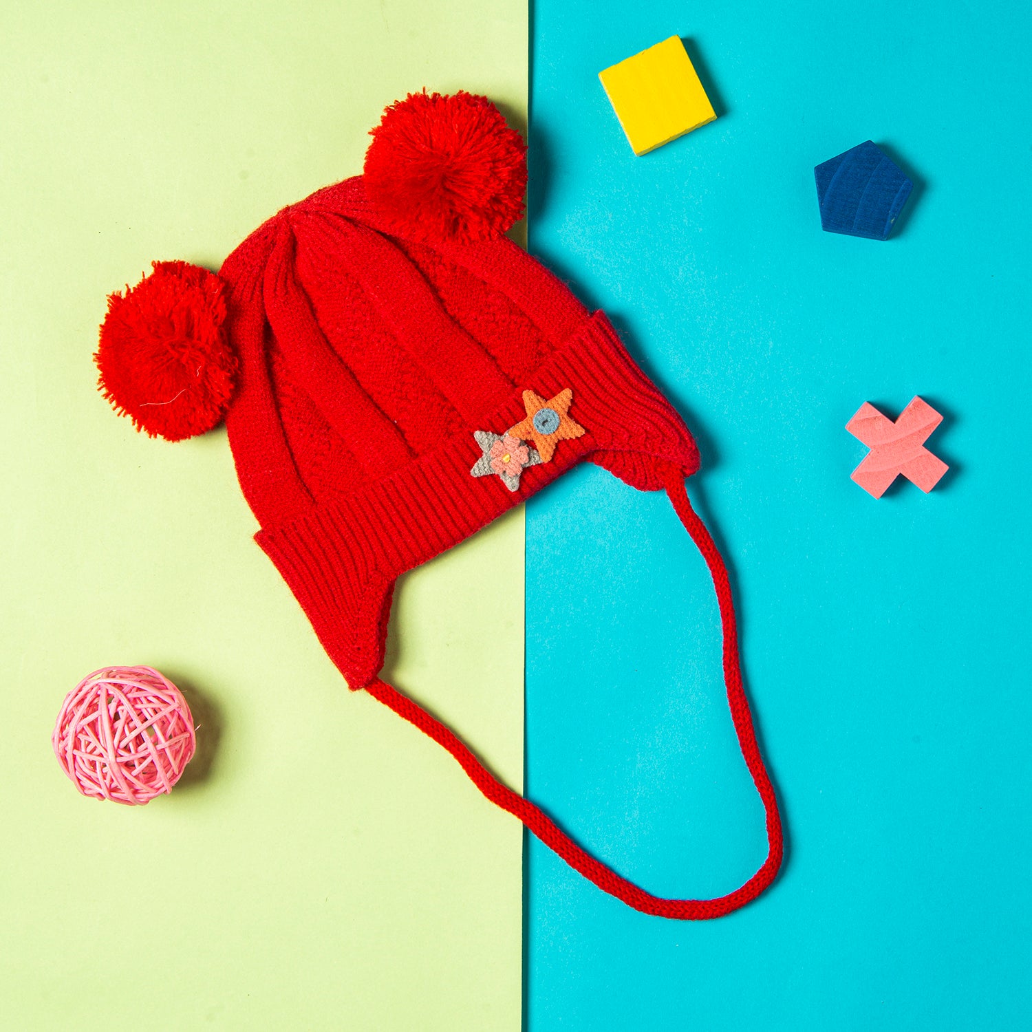 Knit Woollen Cap With Tie For Ear Cover Starry Pom Pom Red