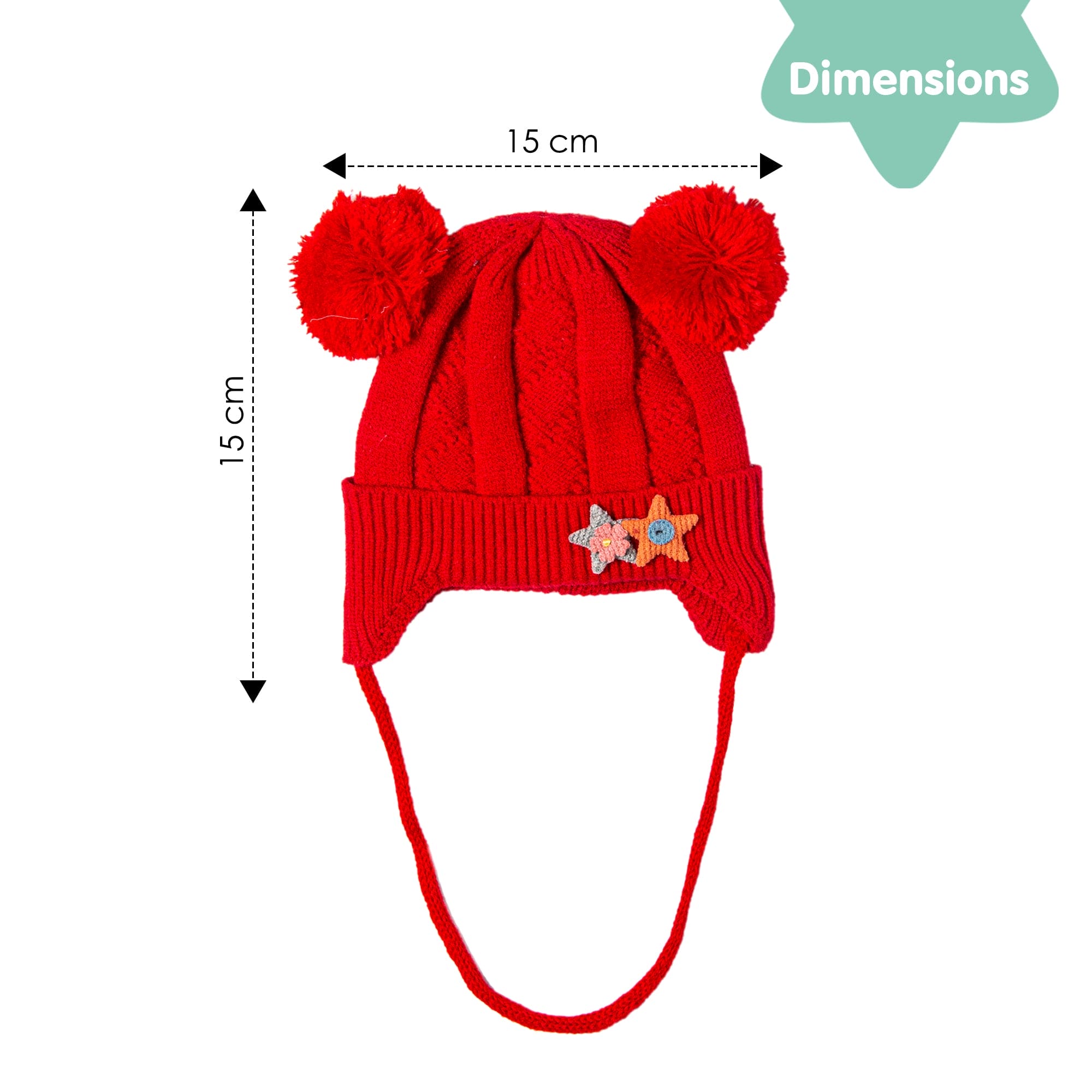 Knit Woollen Cap With Tie For Ear Cover Starry Pom Pom Red