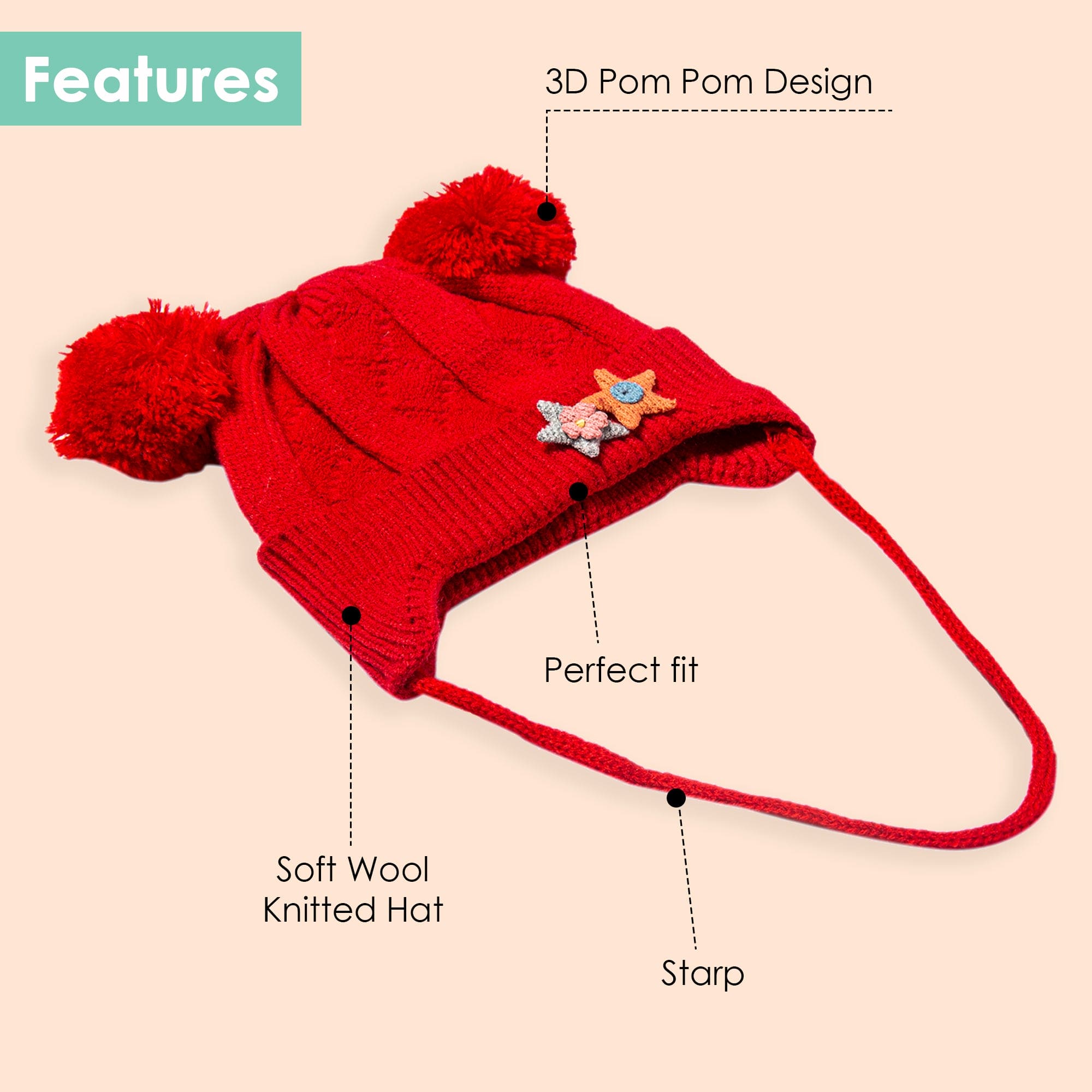 Knit Woollen Cap With Tie For Ear Cover Starry Pom Pom Red