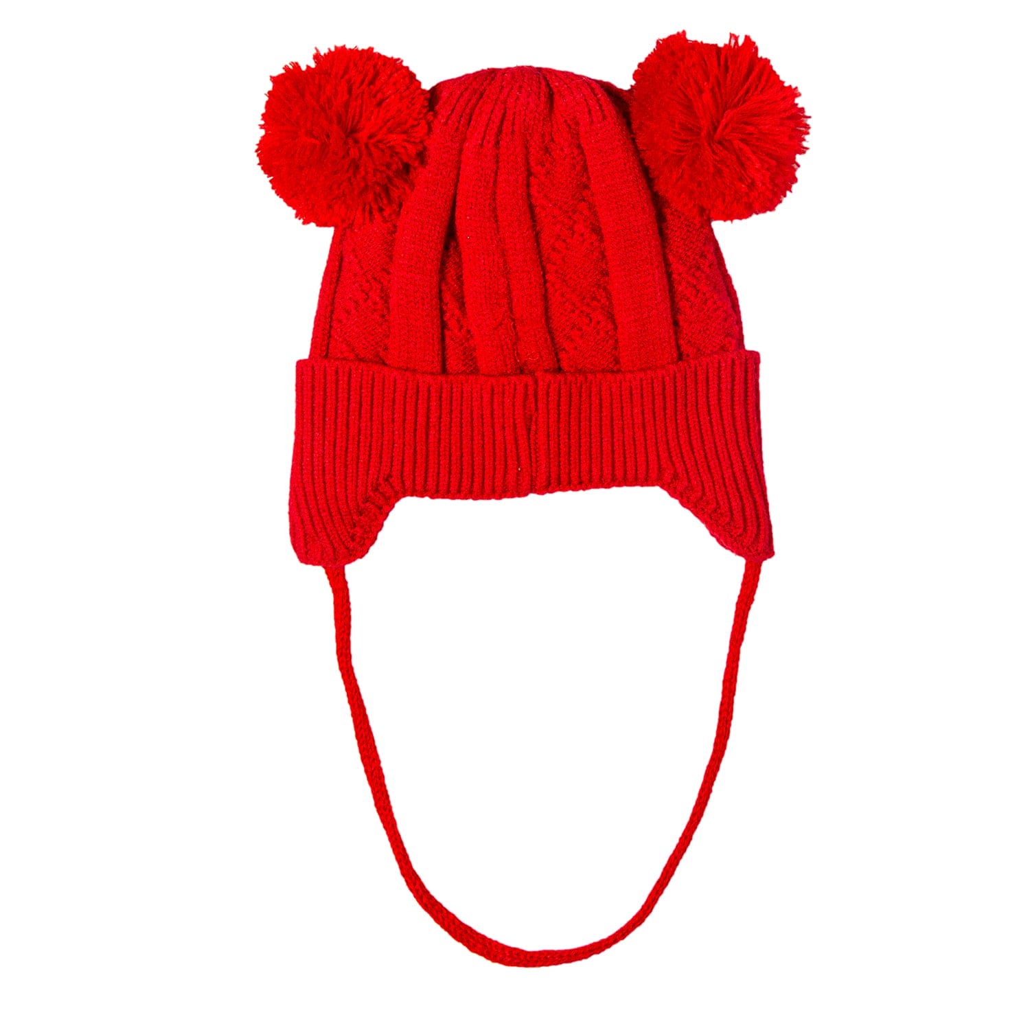 Knit Woollen Cap With Tie For Ear Cover Starry Pom Pom Red