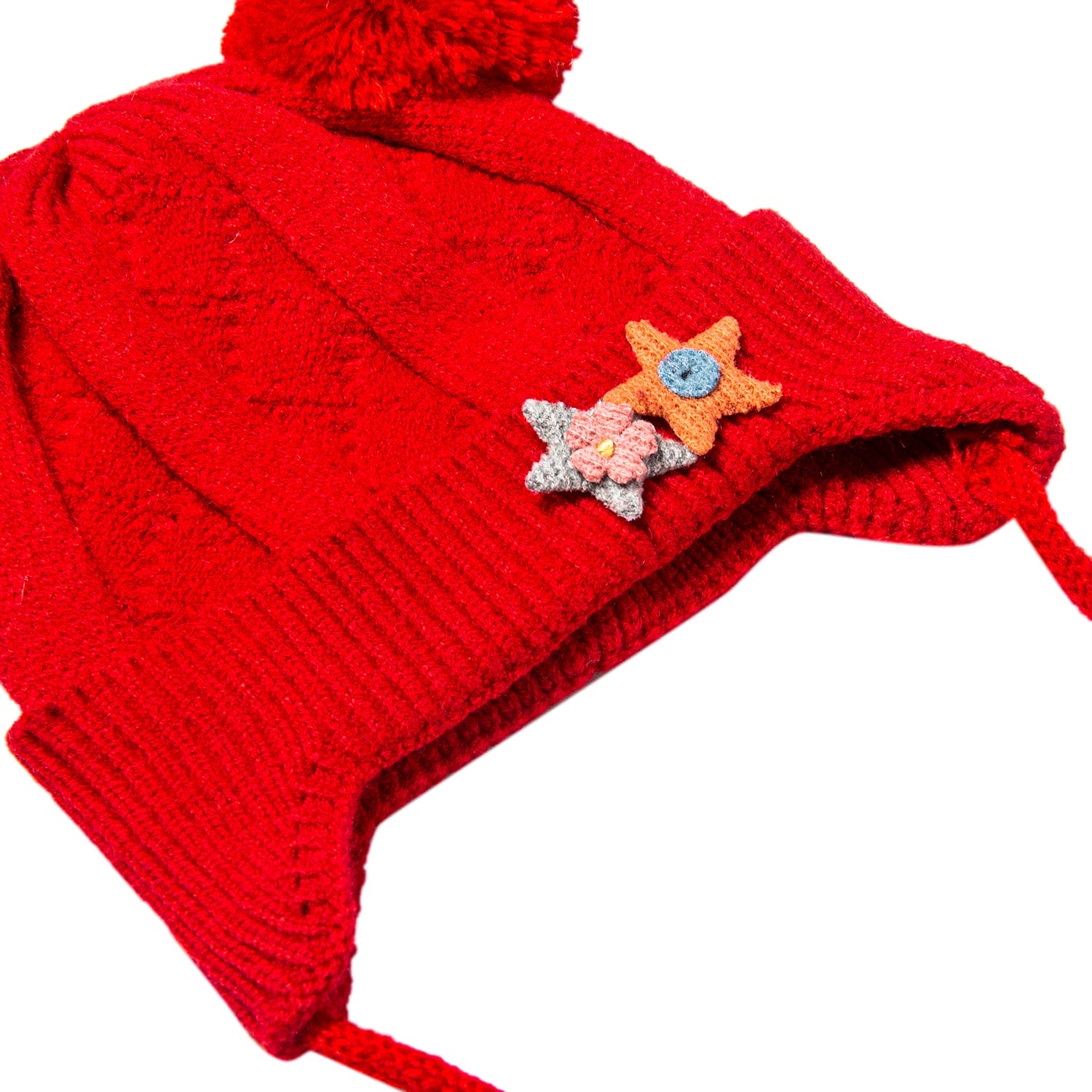 Knit Woollen Cap With Tie For Ear Cover Starry Pom Pom Red