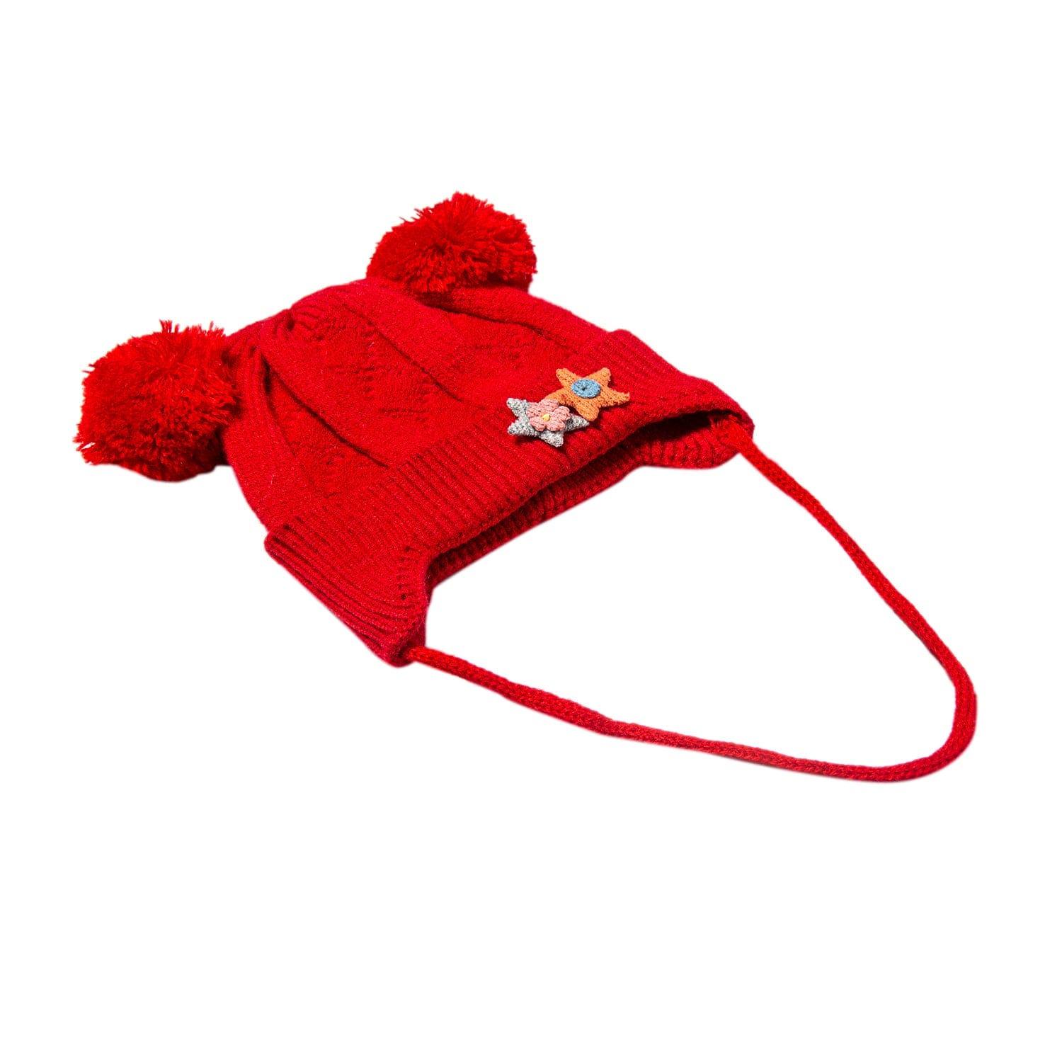 Knit Woollen Cap With Tie For Ear Cover Starry Pom Pom Red