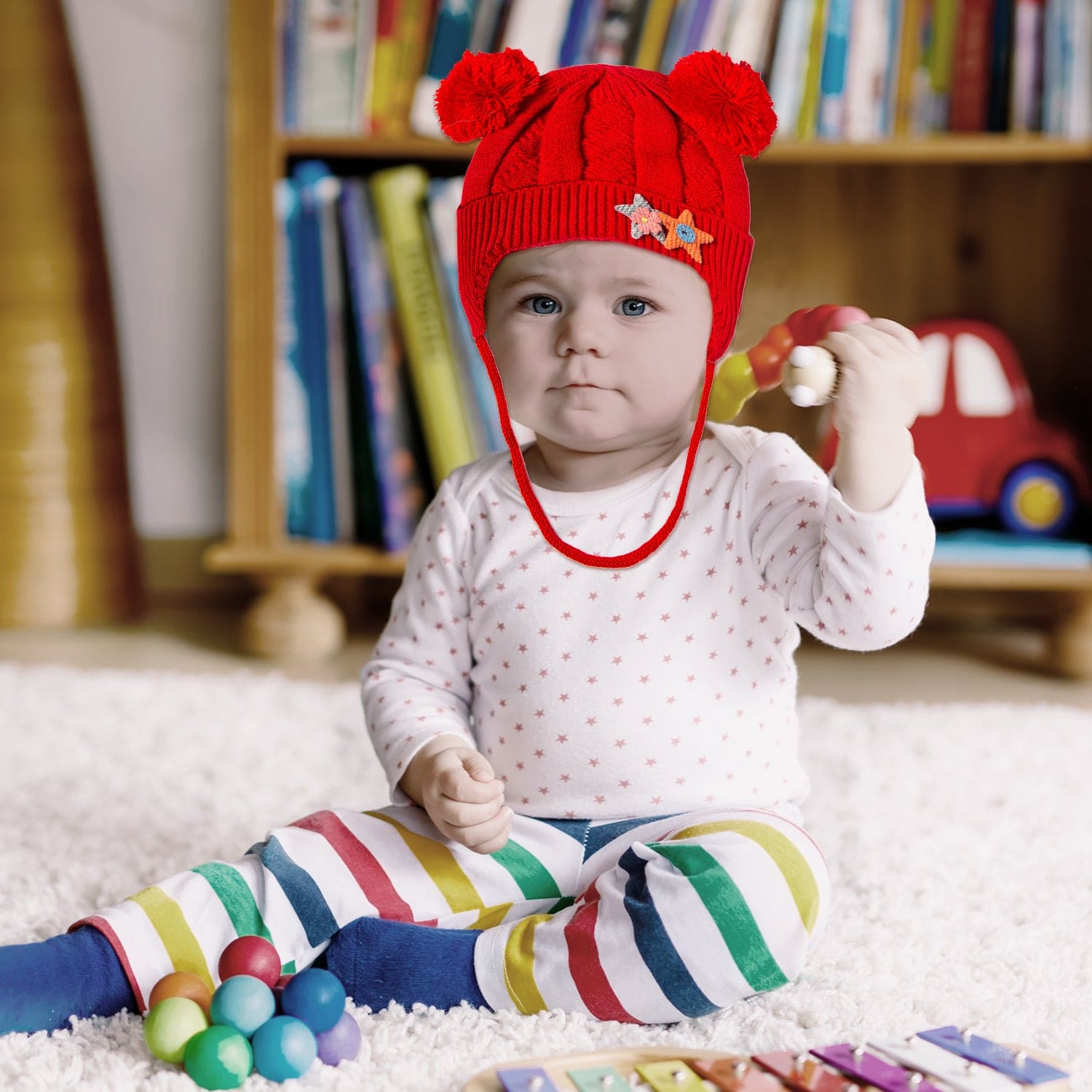 Knit Woollen Cap With Tie For Ear Cover Starry Pom Pom Red