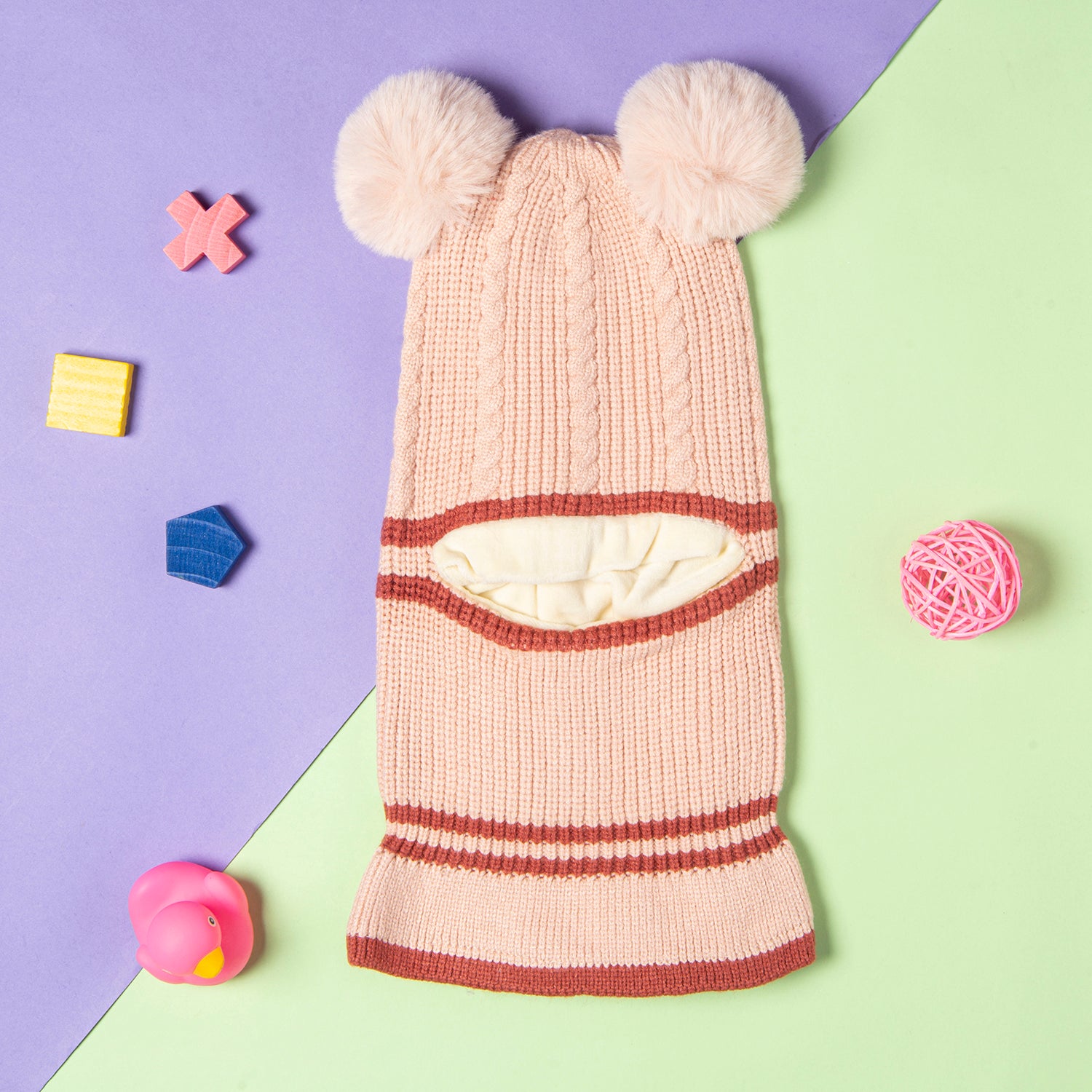 Winter Monkey Cap Woollen Hat Pom Pom Beige