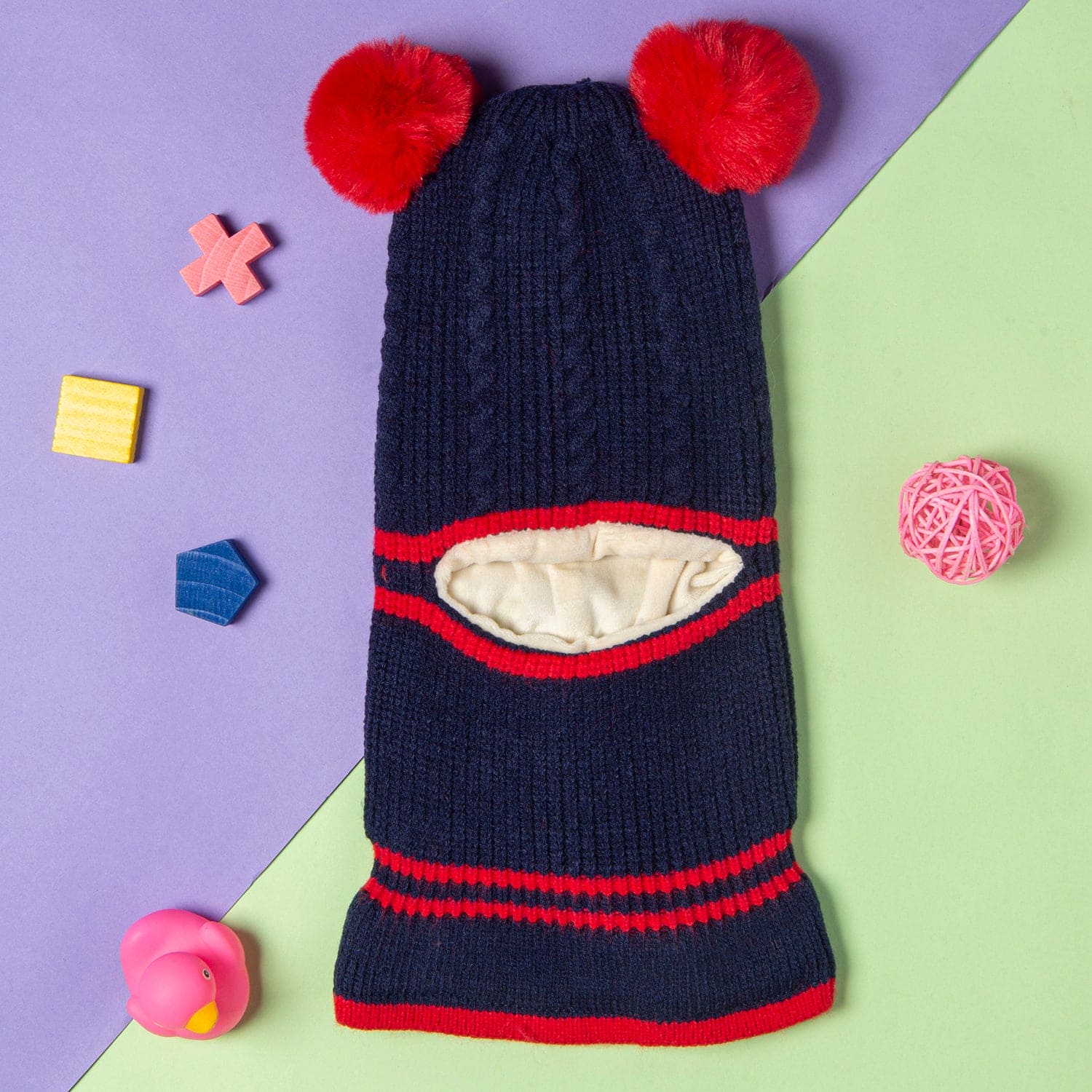 Winter Monkey Cap Woollen Hat Pom Pom Navy Blue