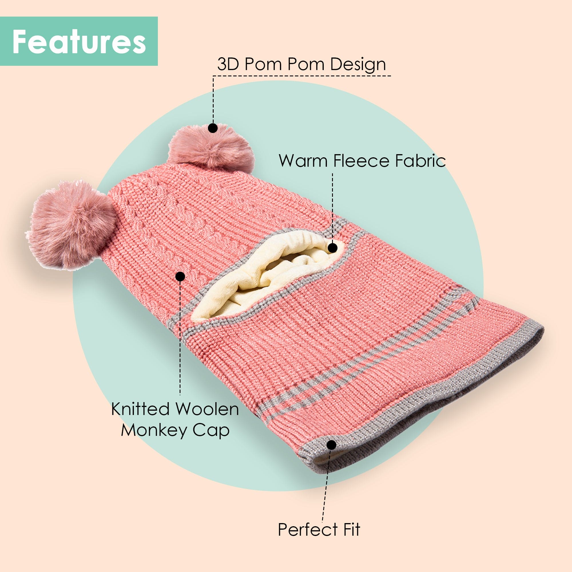 Winter Monkey Cap Woollen Hat Pom Pom Pink