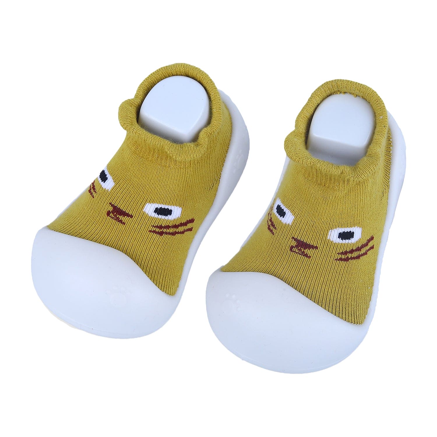 Baby Moo Curious Cat Face Rubber Comfortable Sole Slip-On Sock Shoes - Mustard