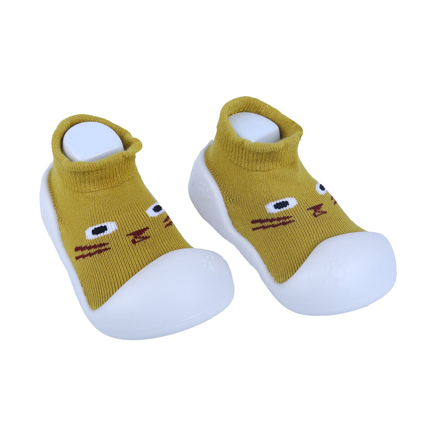 Baby Moo Curious Cat Face Rubber Comfortable Sole Slip-On Sock Shoes - Mustard