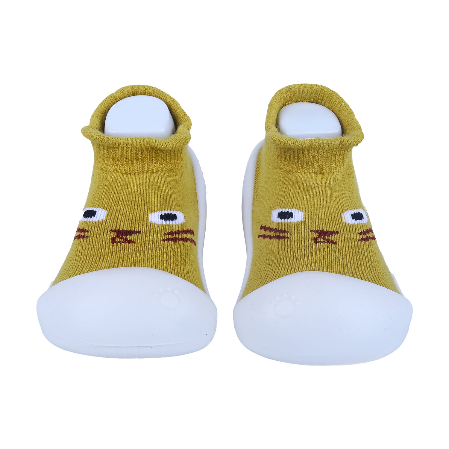 Baby Moo Curious Cat Face Rubber Comfortable Sole Slip-On Sock Shoes - Mustard