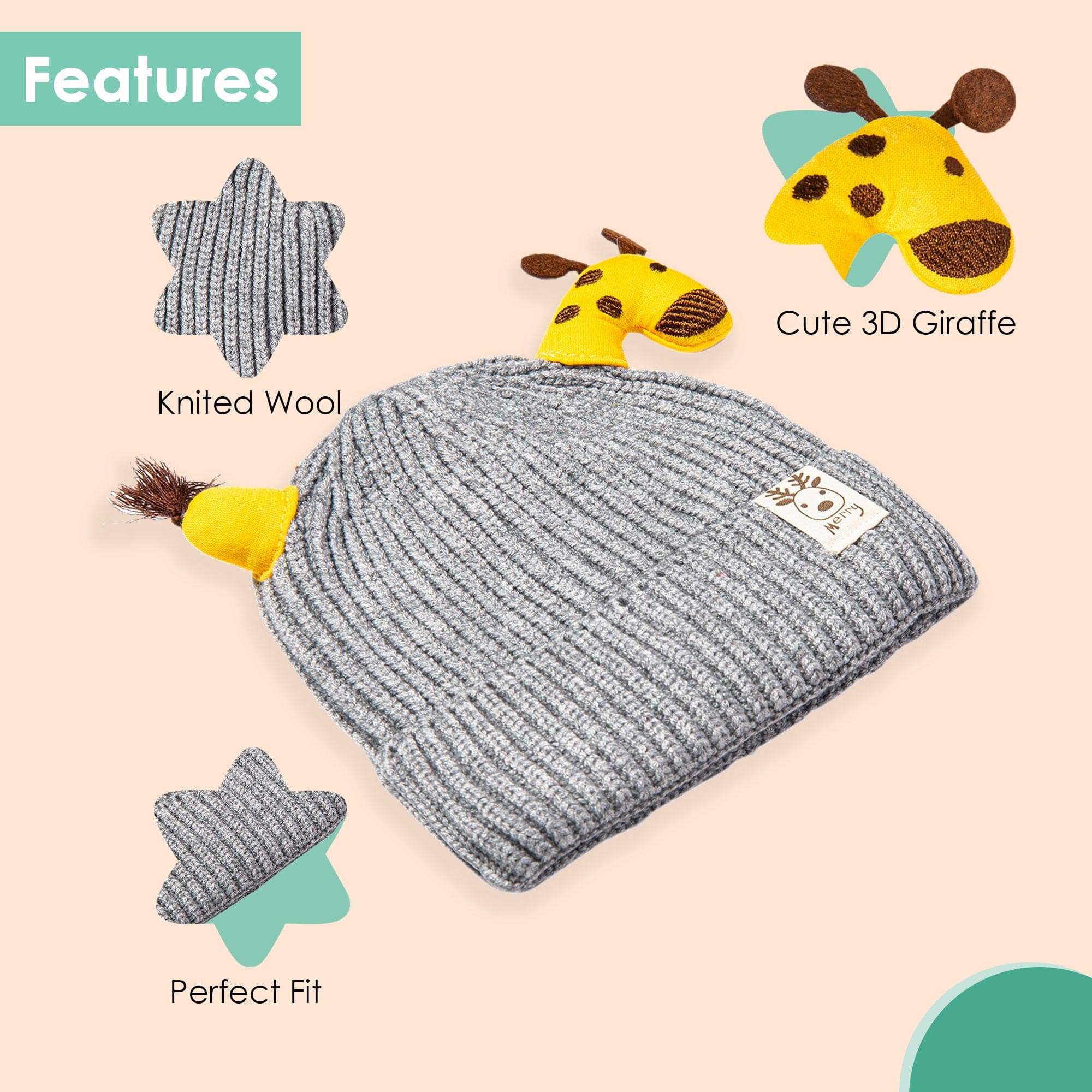 Knit Woollen Cap Winter Beanie 3D Reindeer Antler Grey