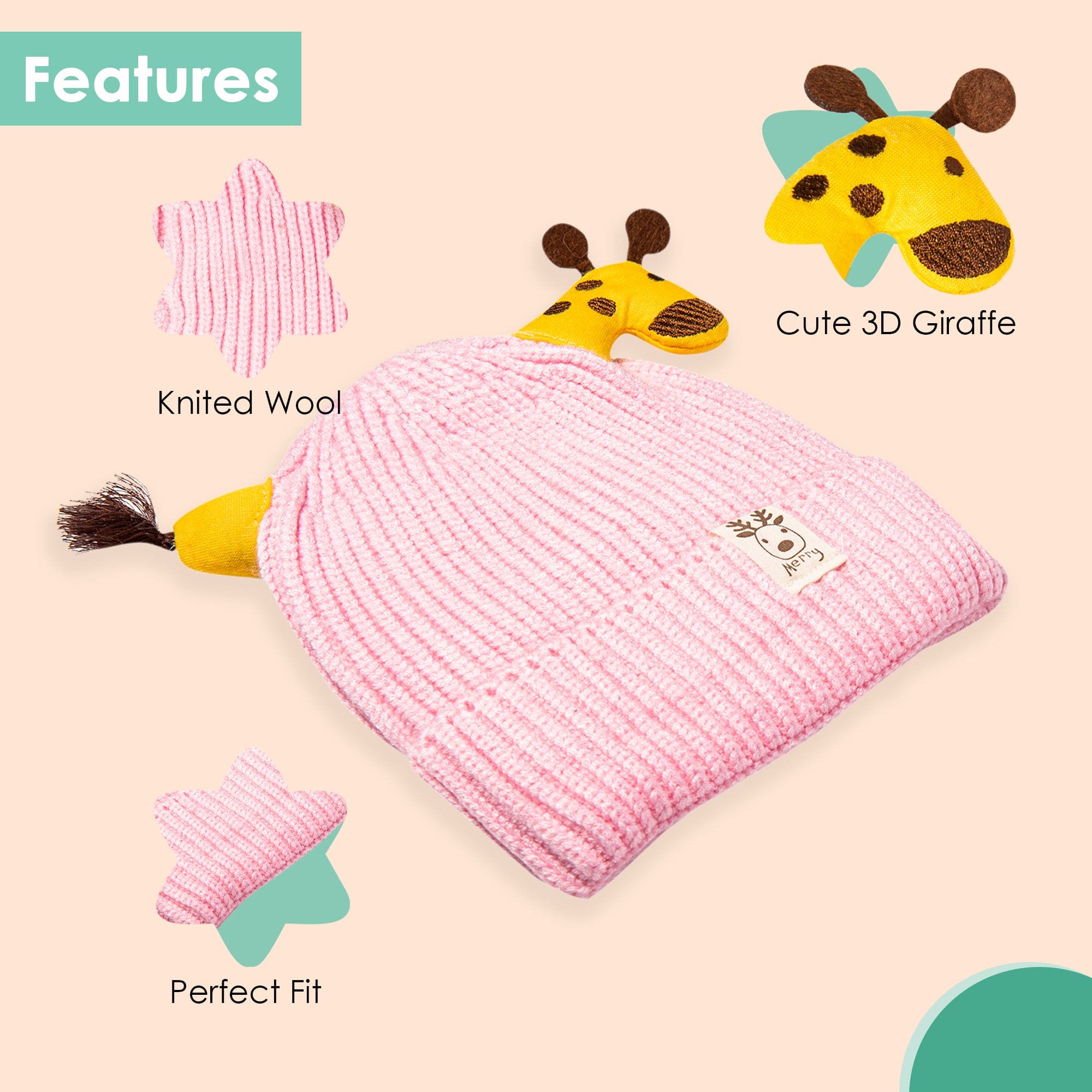 Knit Woollen Cap Winter Beanie 3D Reindeer Antler Pink