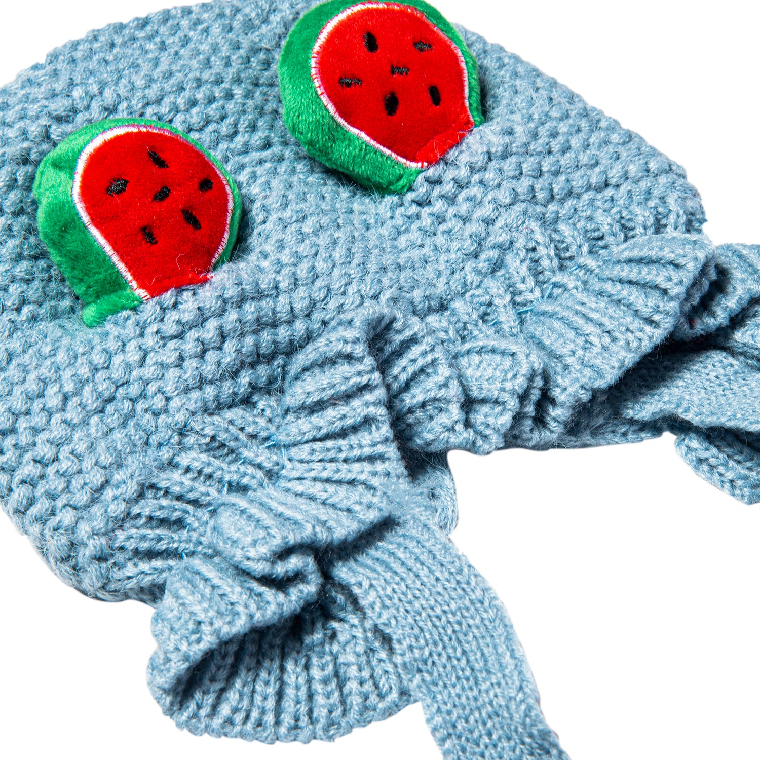 Knit Woollen Cap With Tie Knot For Ear Cover Watermelon Blue