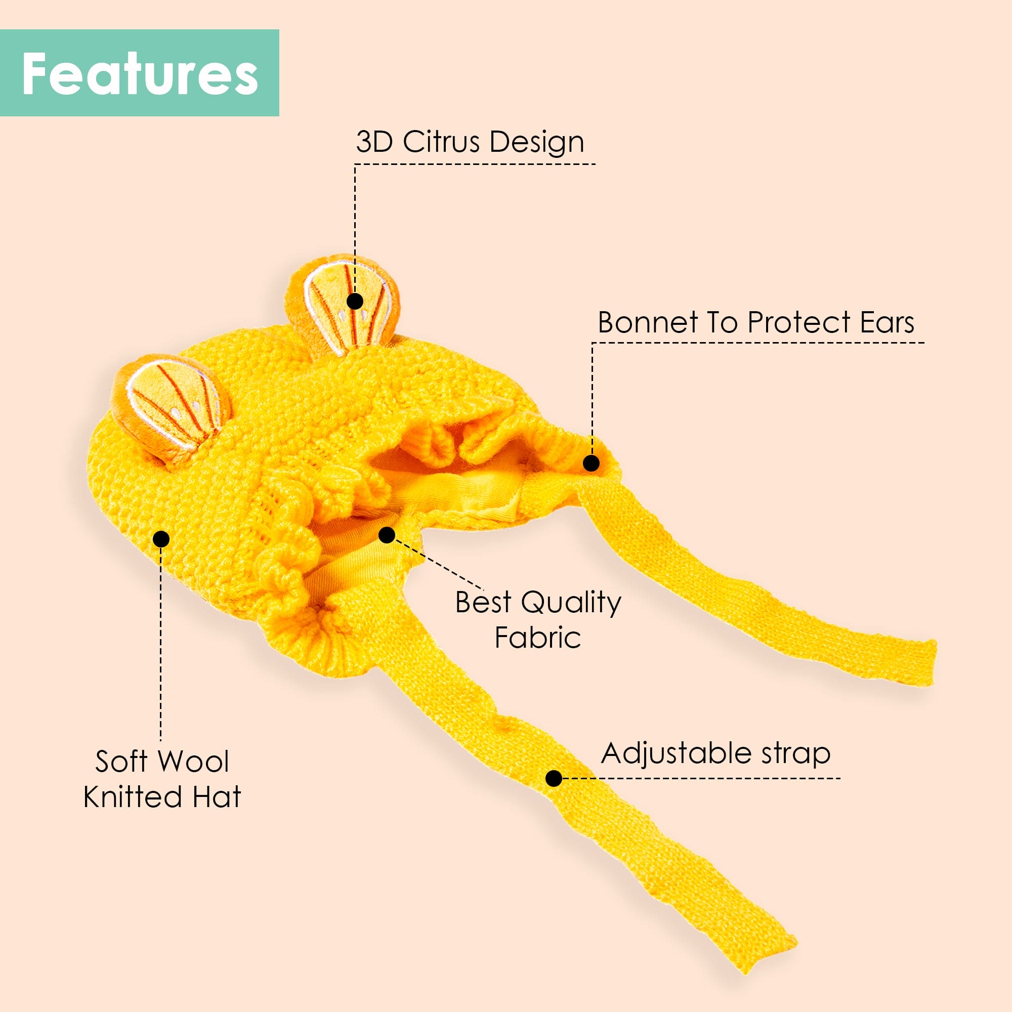 Knit Woollen Cap With Tie Knot For Ear Cover Citrus Yellow