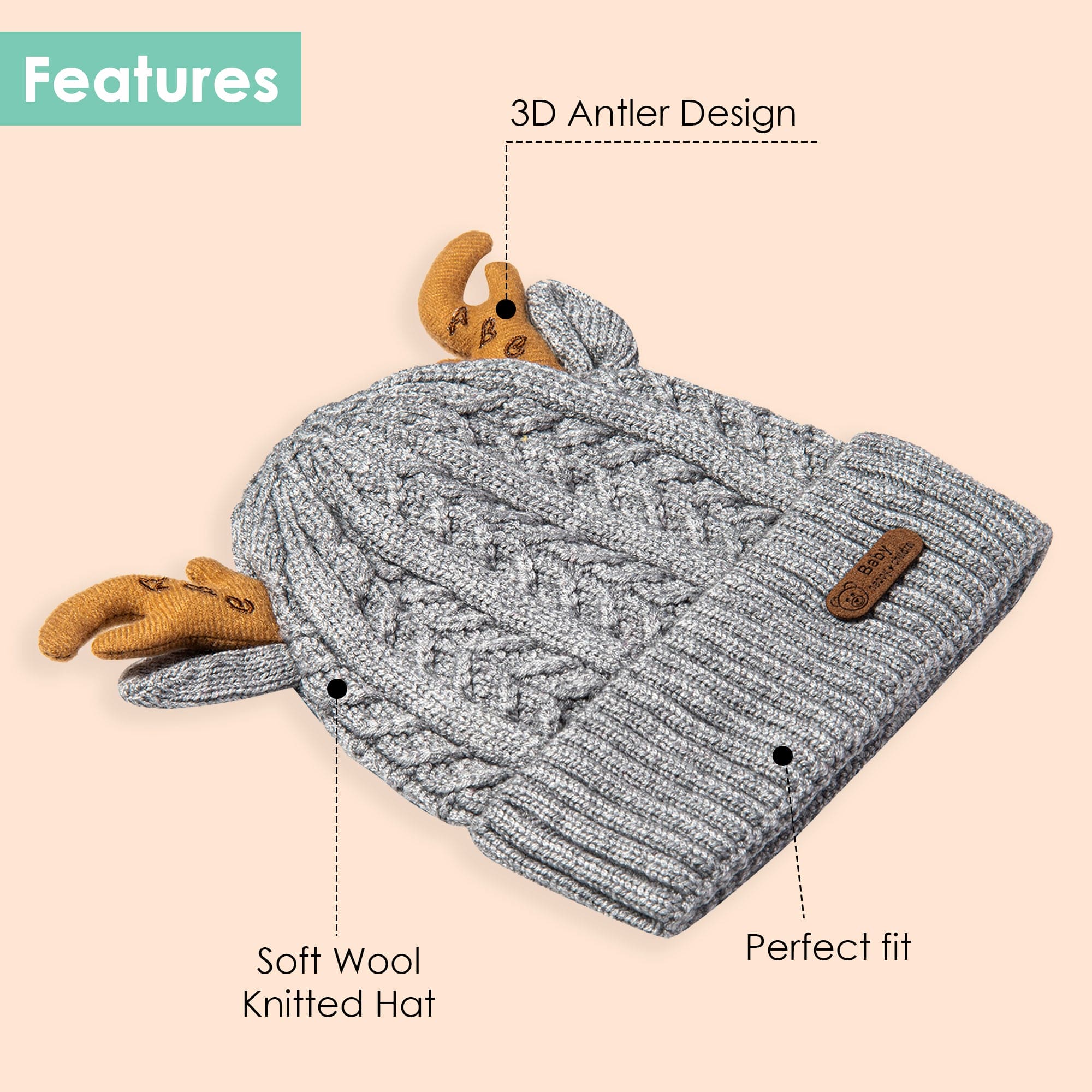 Knit Woollen Cap 3D Alphabet Antler Grey