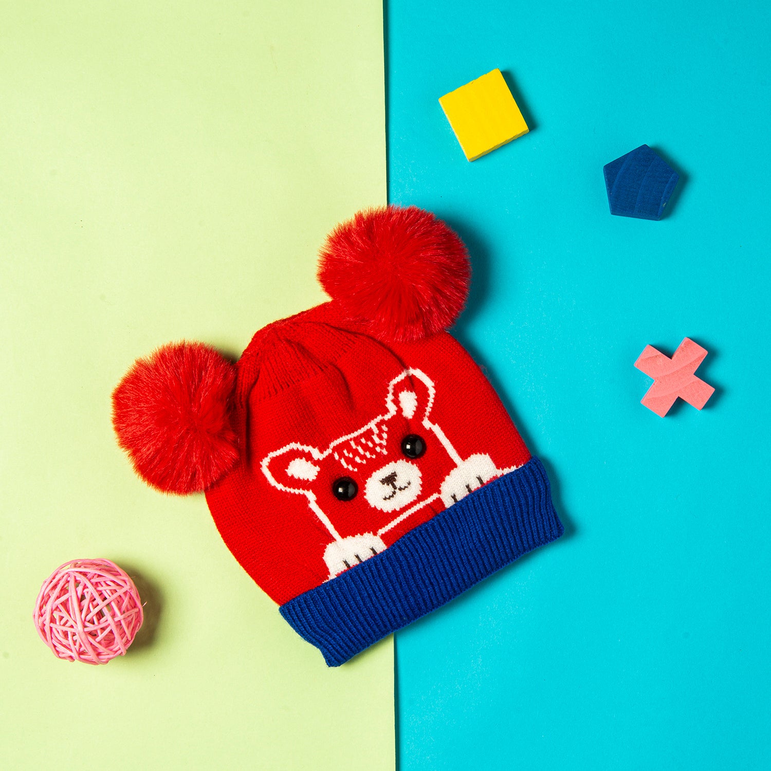 Knit Woollen Cap Pom Pom Bear Red And Blue