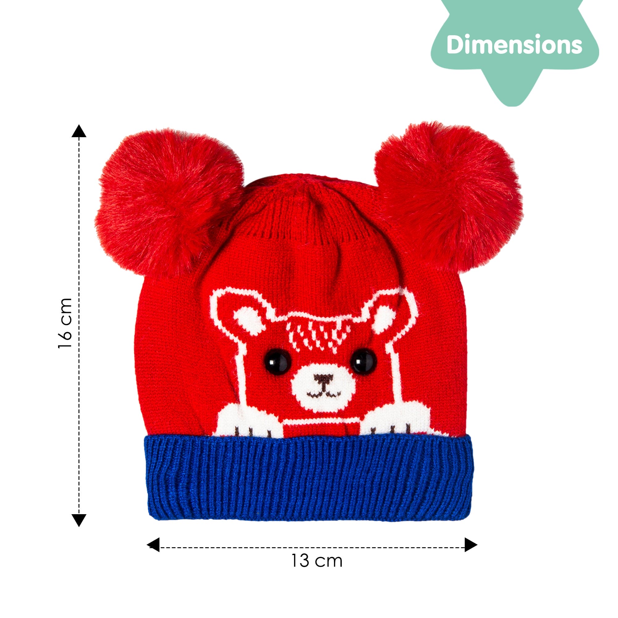 Knit Woollen Cap Pom Pom Bear Red And Blue