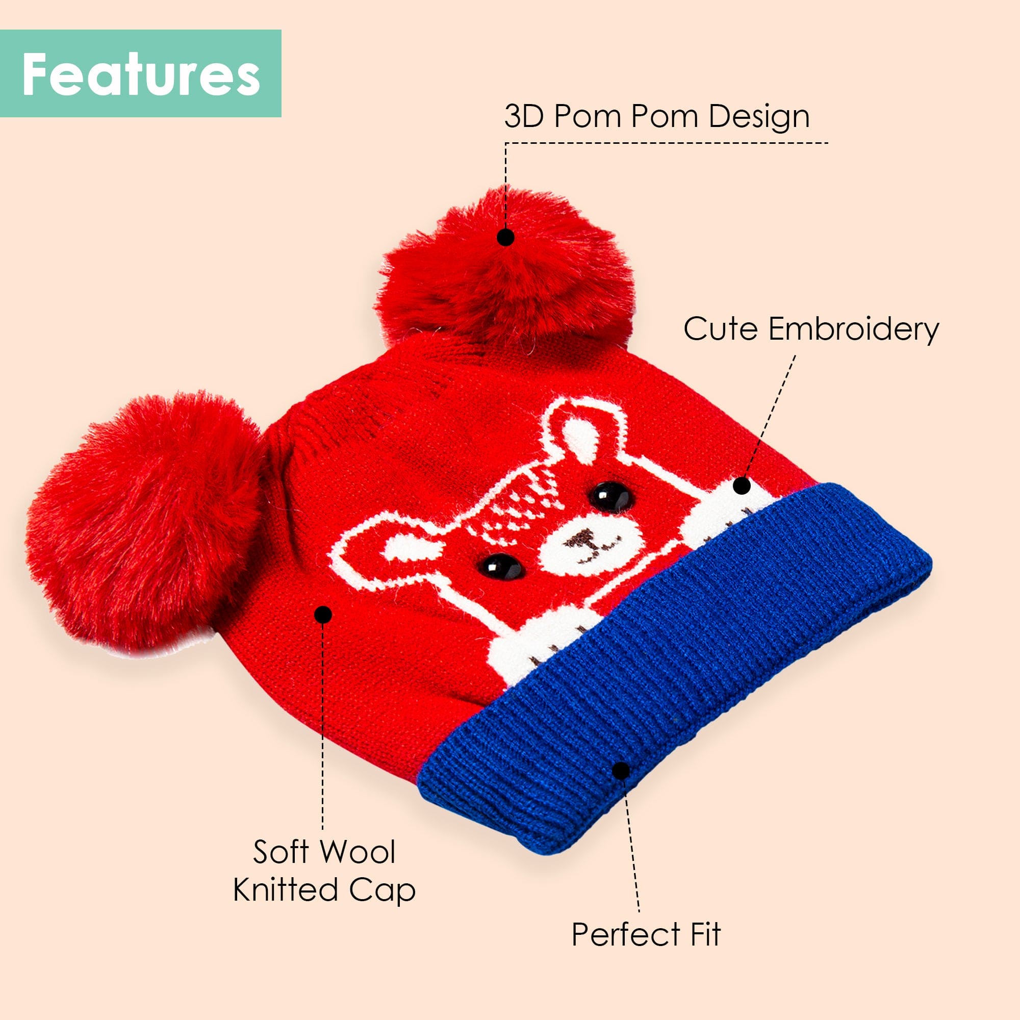 Knit Woollen Cap Pom Pom Bear Red And Blue