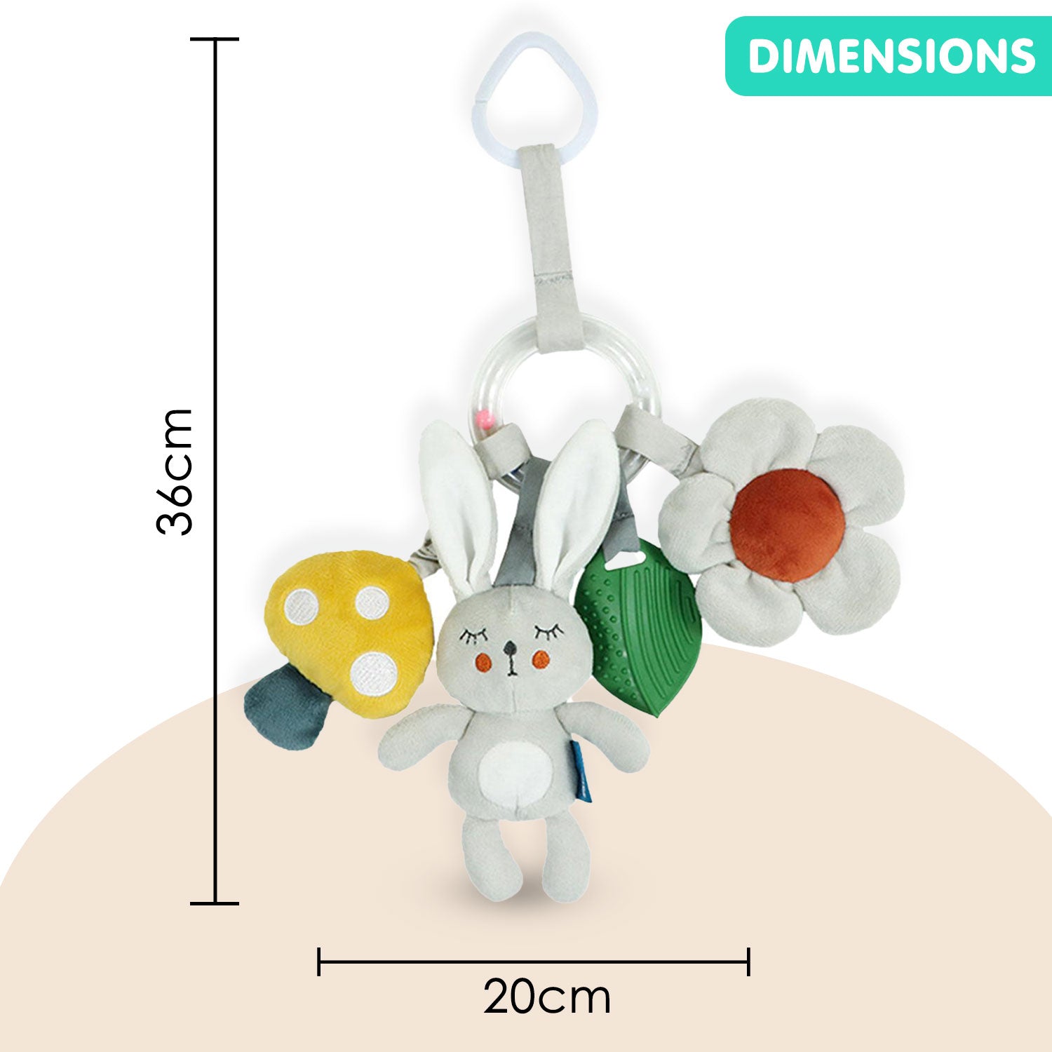 Baby Moo Bunny With Flower Squeaker Ring Rattle Hanging Toy With Teether - Grey