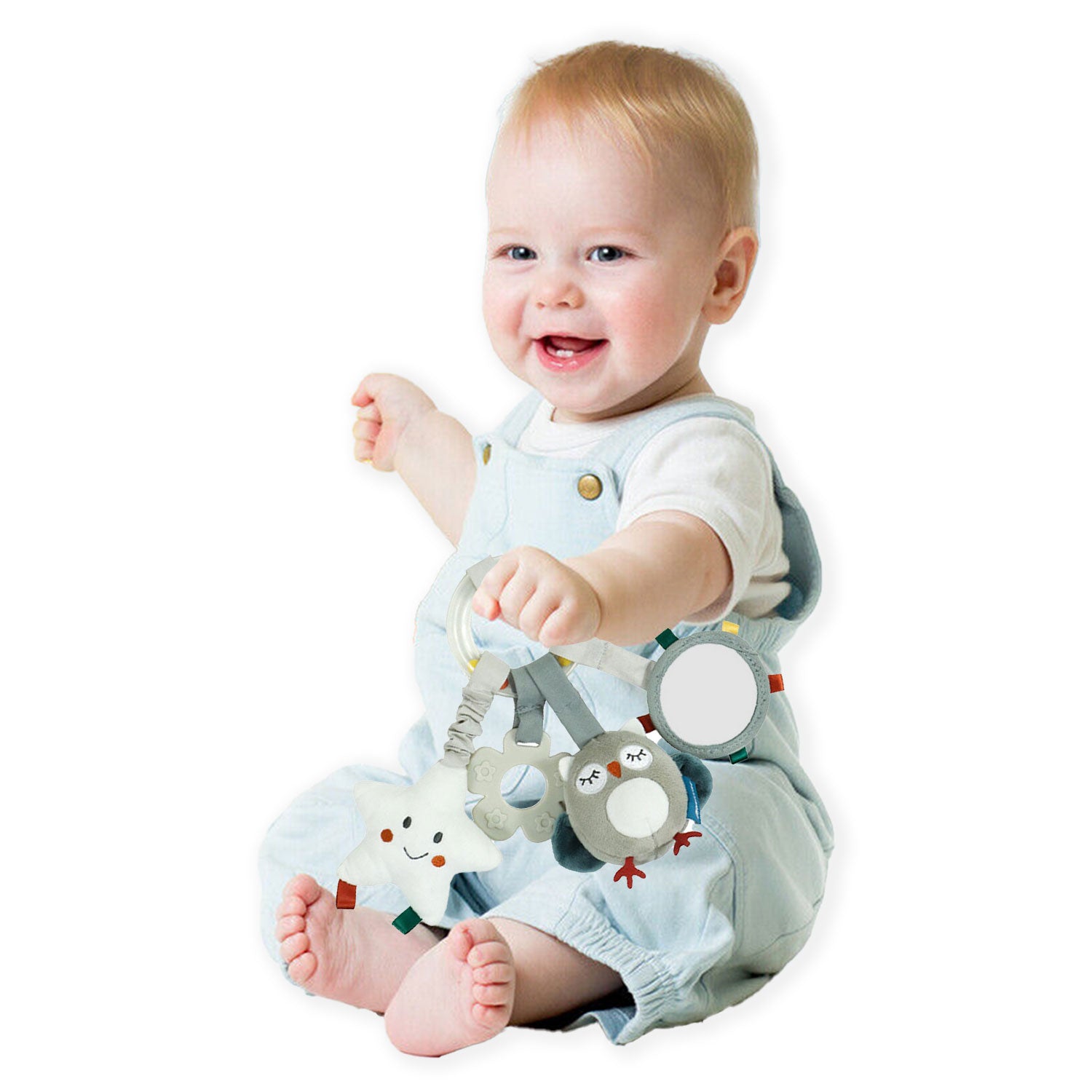 Baby Moo Little Owl Squeaker Ring Rattle Hanging Toy With Teether - White