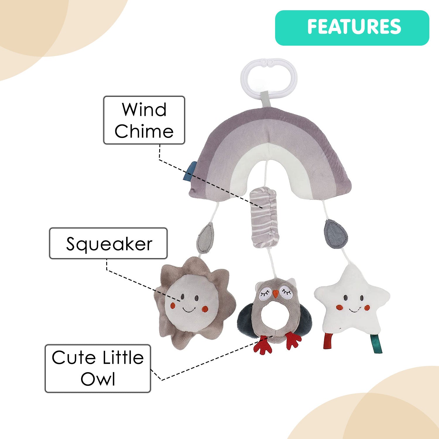 Baby Moo Owl With Sun And Star Squeaker Wind Chime Hanging Musical Toy - Grey