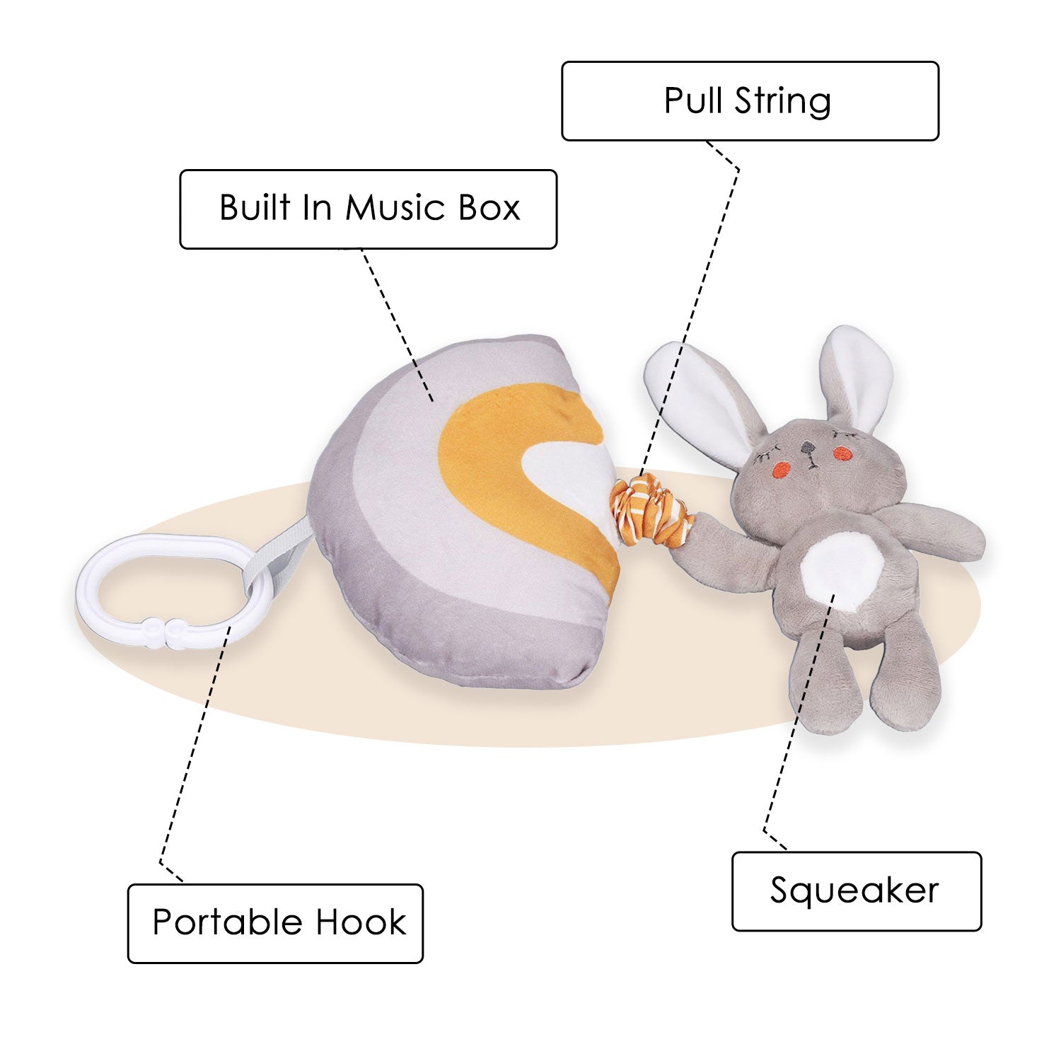 Baby Moo Big Ears Bunny Hanging Musical Pulling Toy - Grey